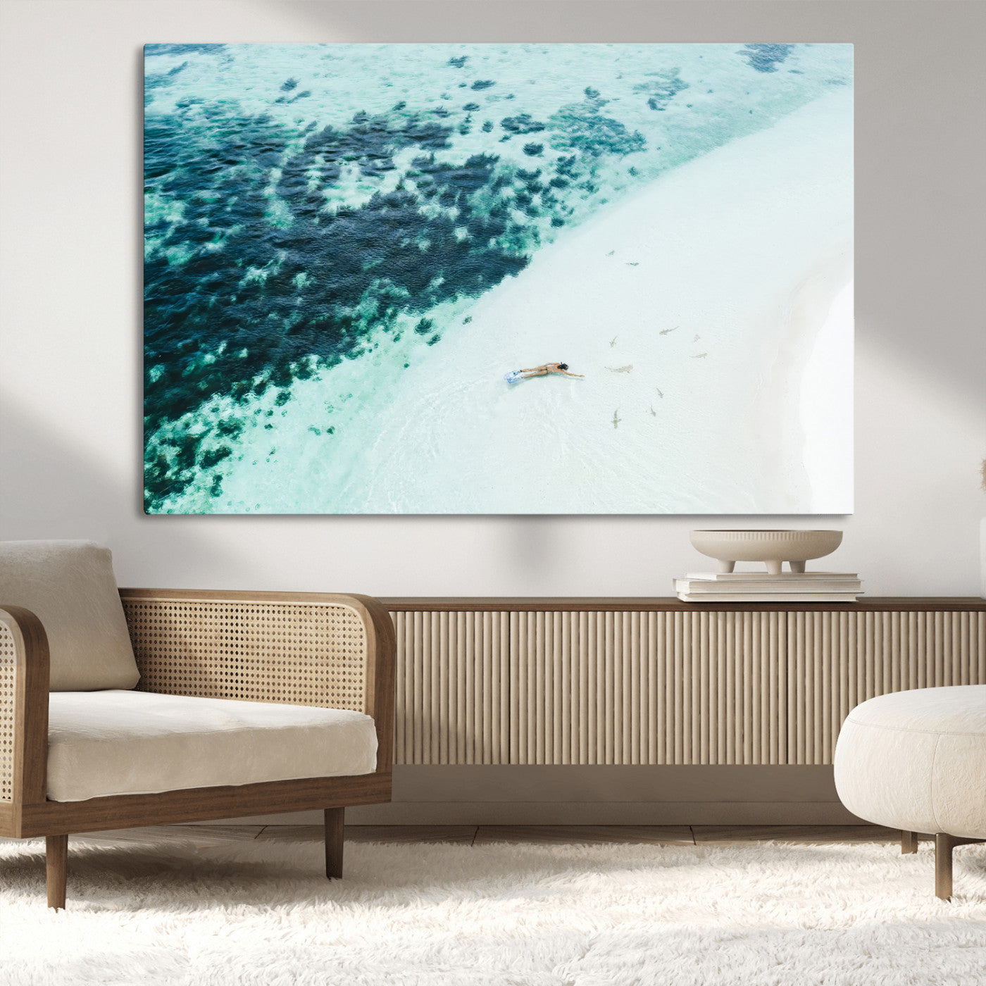 33764764-MGV-CV-36X24-Minimal Beach Wall Art – Framed Ocean Swimming Canvas Artwork, Clear Blue Sea Design, Modern Coastal Decor for Home, Office