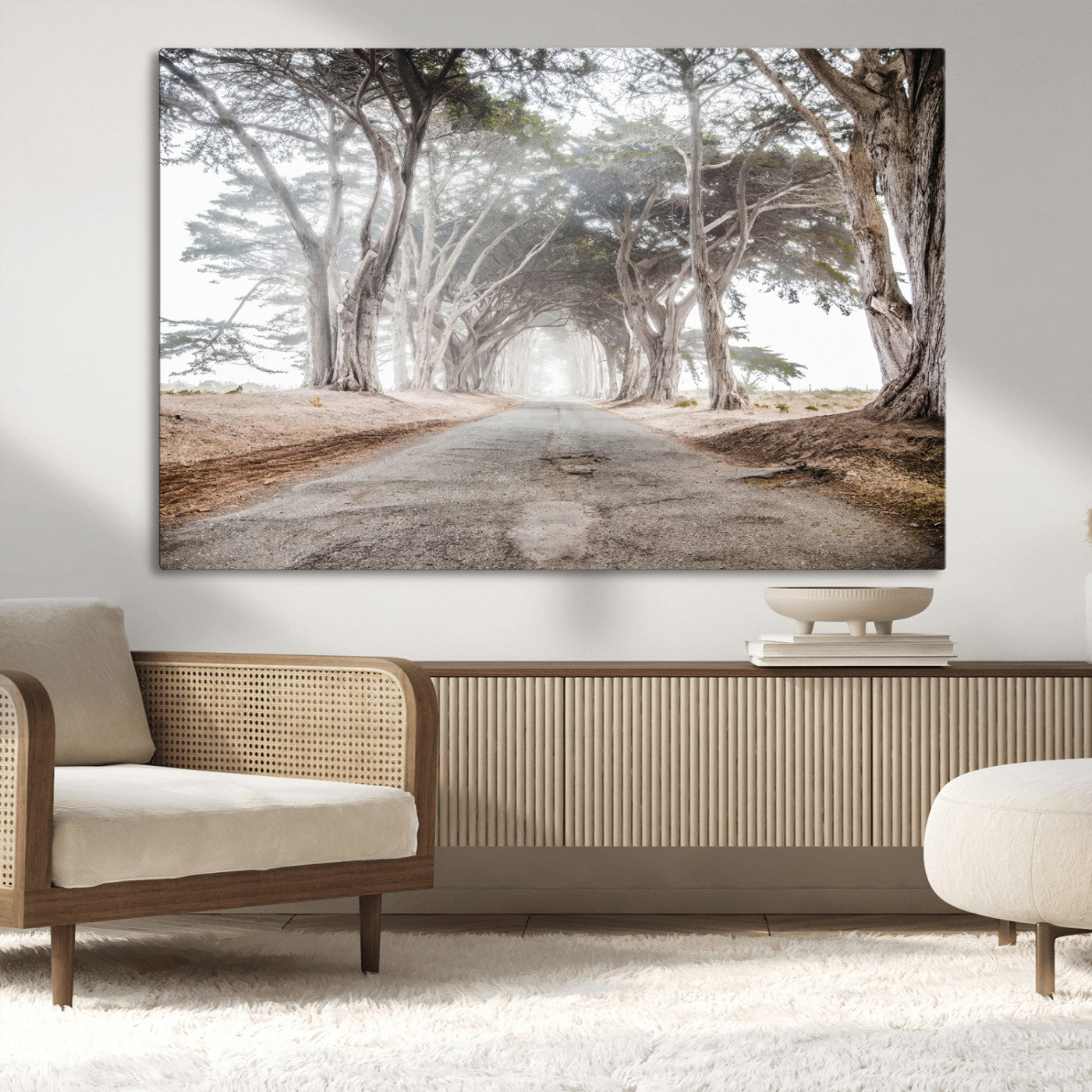 87090469-MGV-CV-36X24-Cypress Tunnel Wall Art – Framed Misty Road Canvas Artwork, Foggy Trees Design, Rustic Woodland Nature Decor for Home, Office