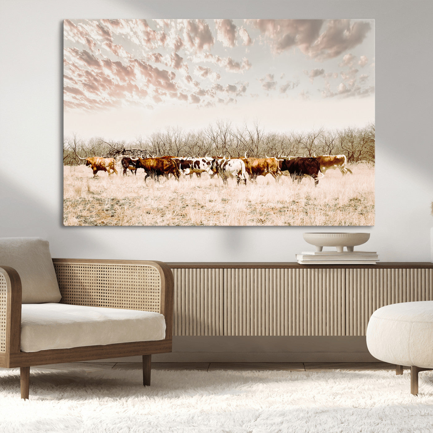 64892775-MGV-CV-36X24 - Longhorn Cattle Wall Art Canvas Print, Framed Texas Ranch Art Picture Print, Western Cow Perfect Western Decor Artwork