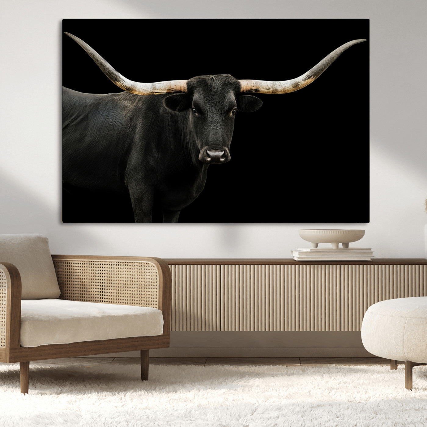 99448328-MGV-CV-36X24-Longhorn Cattle Wall Art Canvas Print – Framed Texas Ranch Scene with Western Cow Artwork for Home, Office, Living Room