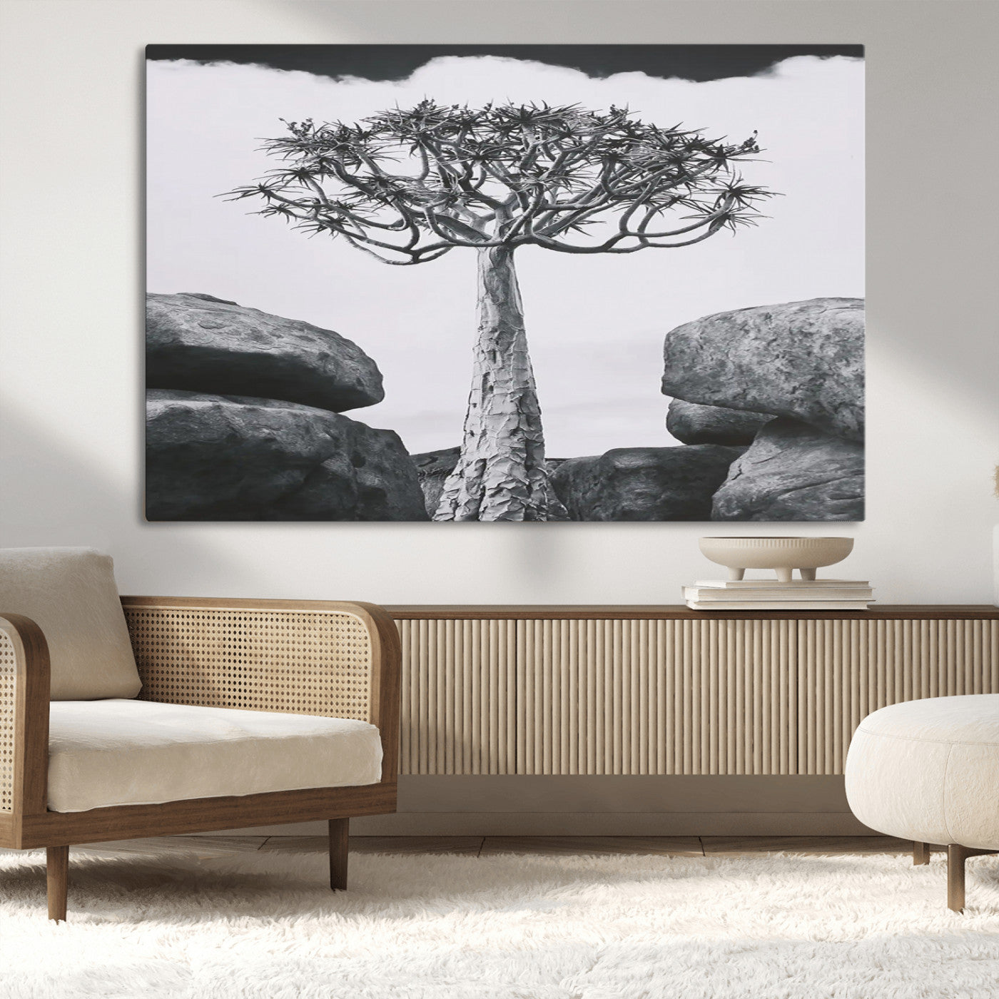 87750525-MGV-CV-36X24-Joshua Tree Wall Art Canvas Print – Framed Desert Tree Art Picture Monochrome Nature Artwork for Home, Office