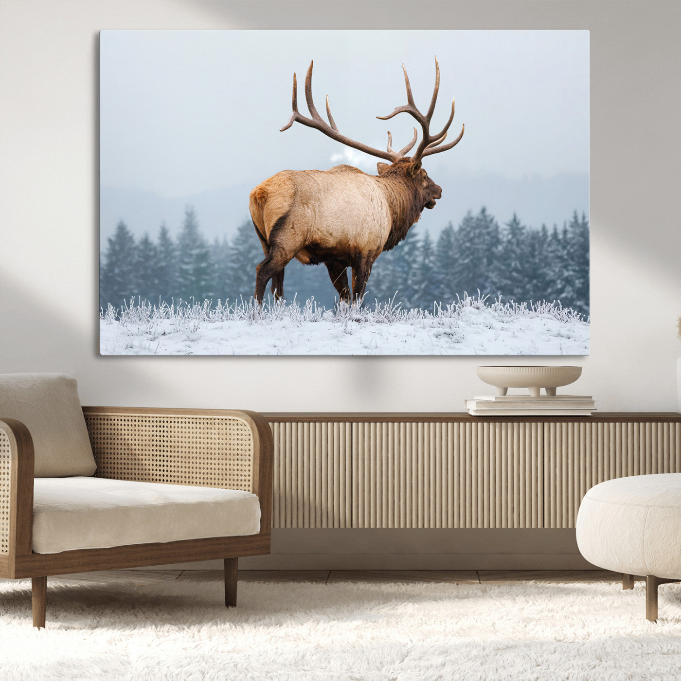Large elk standing in a snowy field with pine trees in the background, ideal for rustic cabin or lodge-style wall decor.