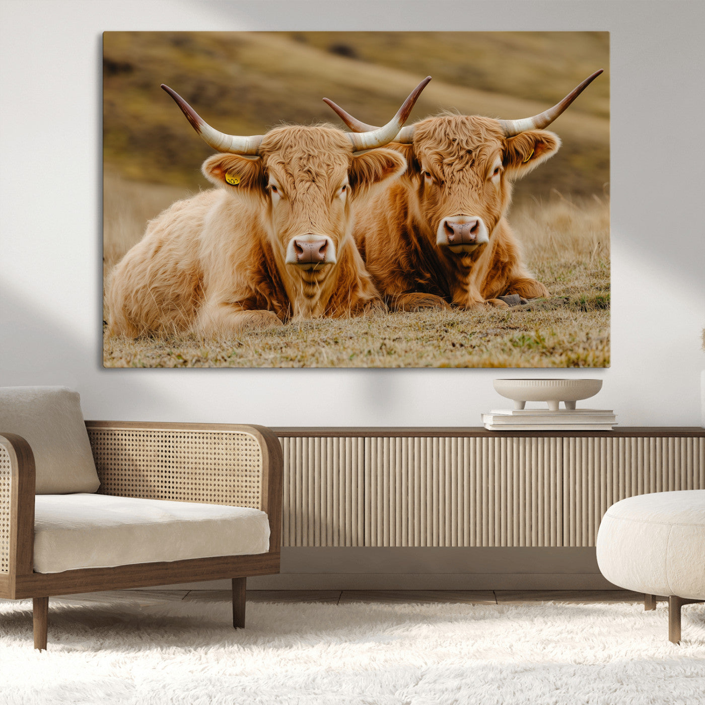 Two Highland cows resting on a golden field with soft focus hills, ideal for rustic farmhouse or cozy cabin style decor.