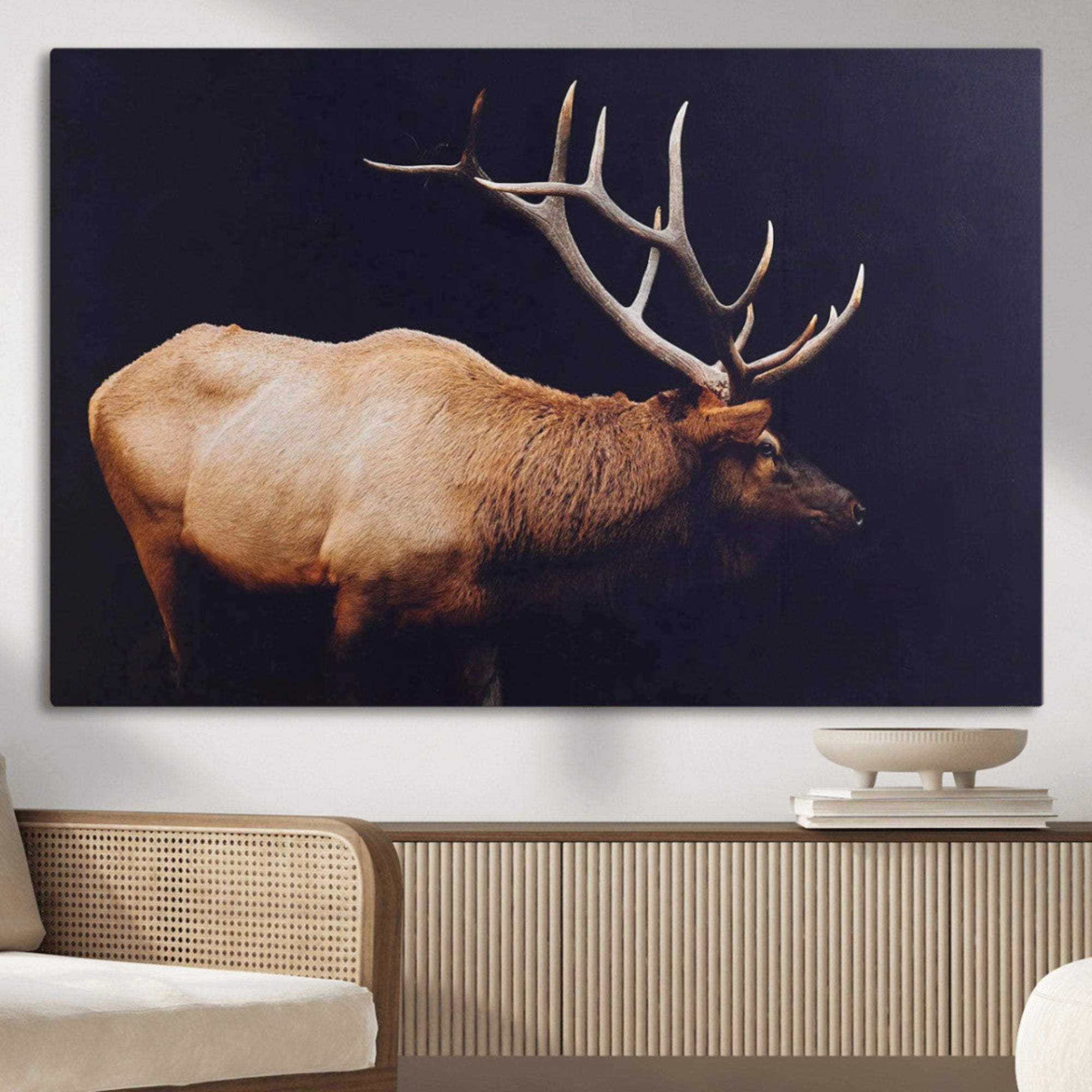 Side view of a majestic elk with large antlers against dark background, perfect for rustic lodge or cabin style home decoration.