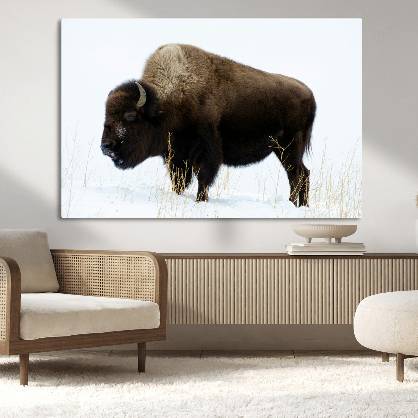 -Bison Wall Art Canvas Print – Framed Western Wildlife Buffalo Snow Rustic Nature Scene Artwork for Home Office