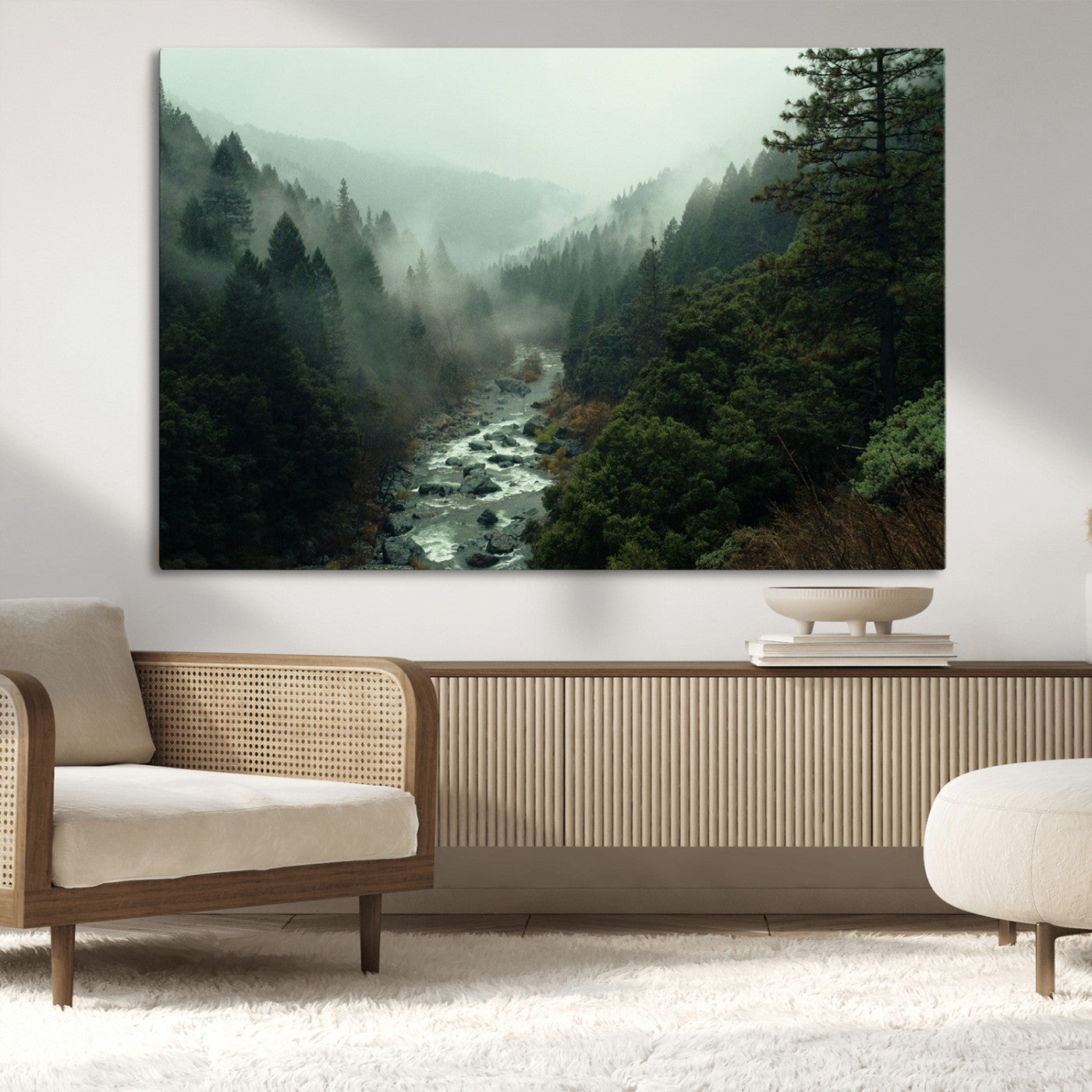 48497565-MGV-CV-36X24-Misty Forest Wall Art Canvas Print – Framed Foggy River Moody Landscape Wilderness Nature Scene Artwork for Home Office