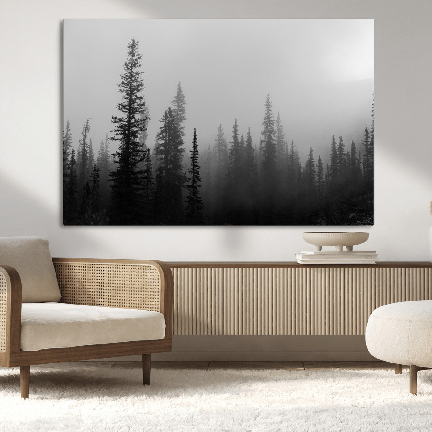 73138900-MGV-CV-36X24-Misty Pines Wall Art Canvas Print – Framed Woodland Minimalist Rustic Nature Scene Photography Artwork for Home Office