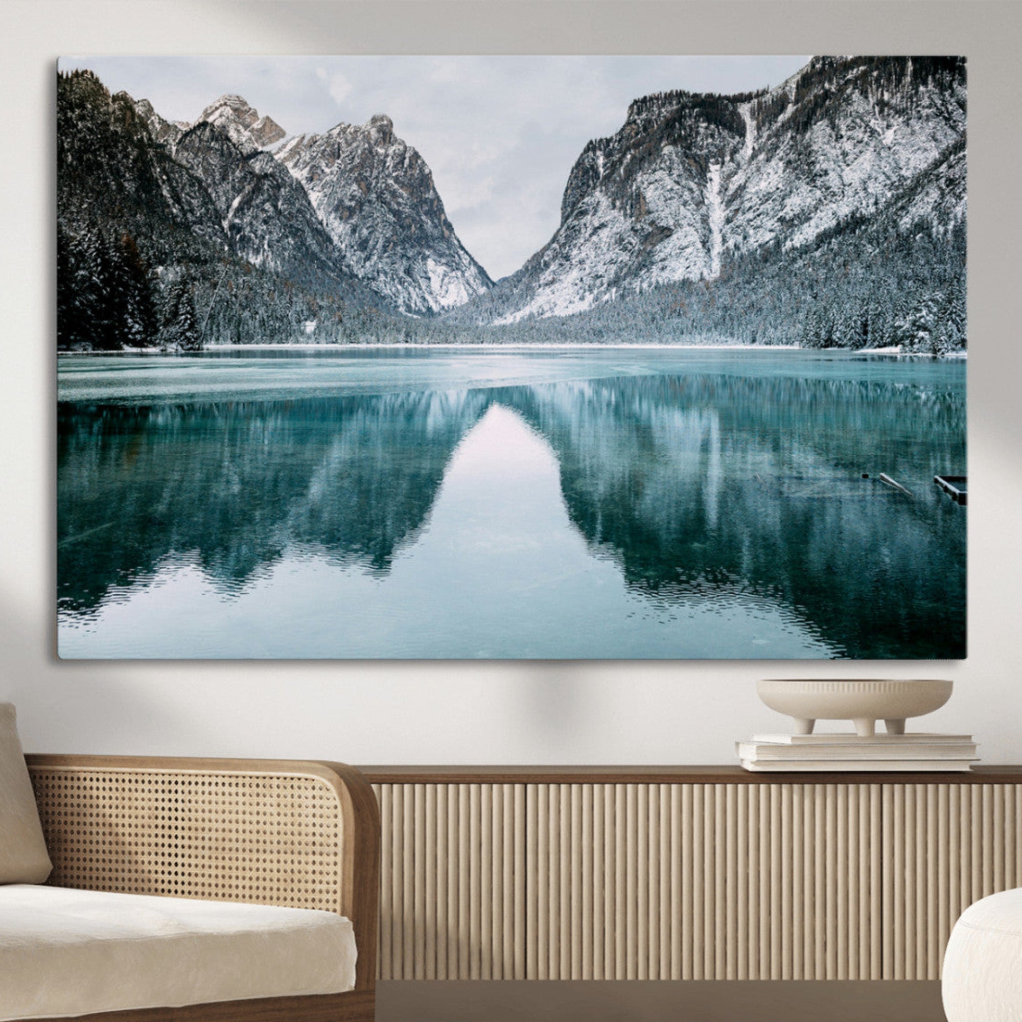 73098373-MGV-CV-36X24-Mountain Lake Wall Art Canvas Print – Framed Winter Wonderland Art Picture Snowy Peaks Artwork for Home Office