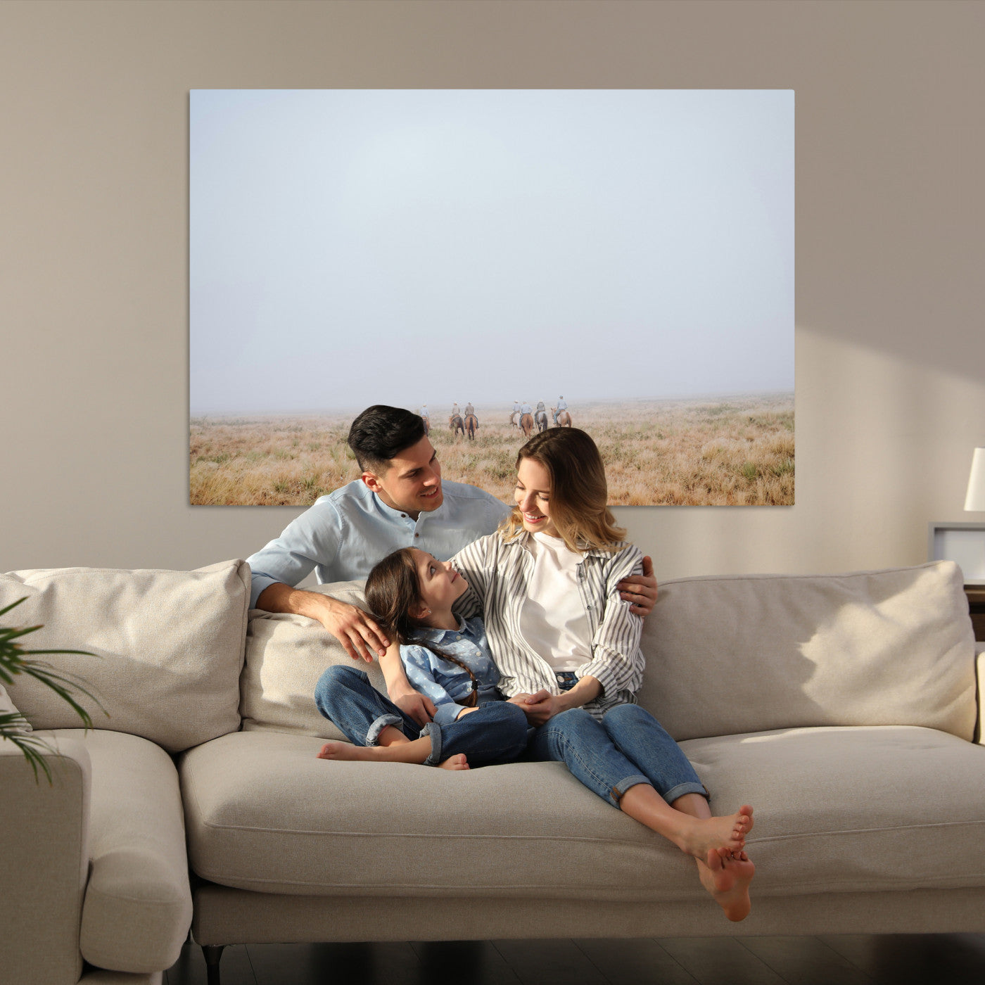 14761944-MGV-CV-36X24-Foggy Plains Wall Art Canvas Print – Framed Horseback Riders Rustic Western Landscape Scene Artwork for Home Office