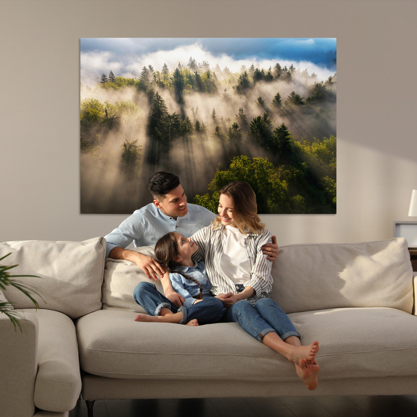-Tranquil Forest Scene Wall Art Canvas Print – Framed Moody Sunbeam Through Trees Nature Artwork for Home Office