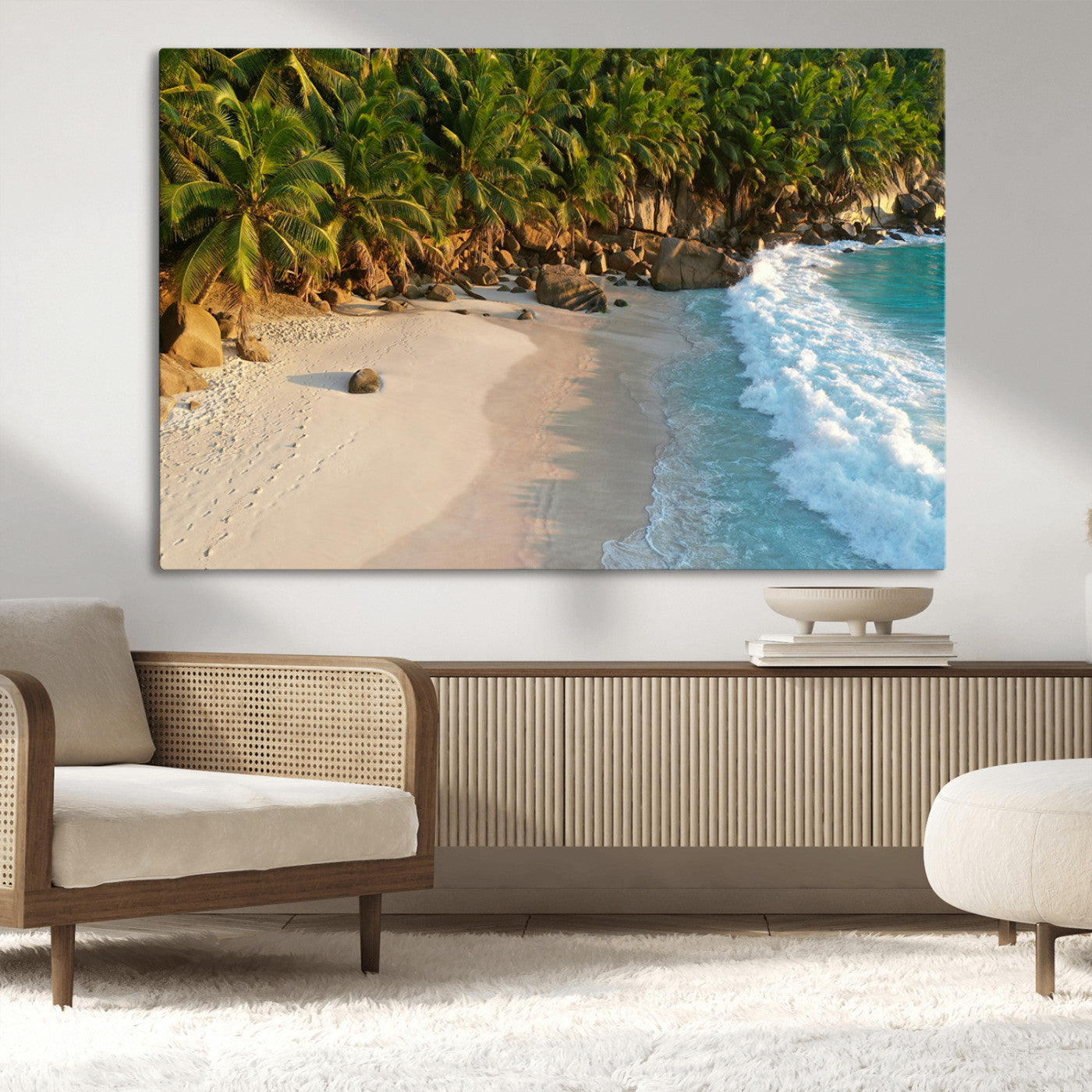 Tropical beach with golden sand, turquoise ocean waves, and lush palm trees, creating a serene coastal paradise for beach-themed decor.