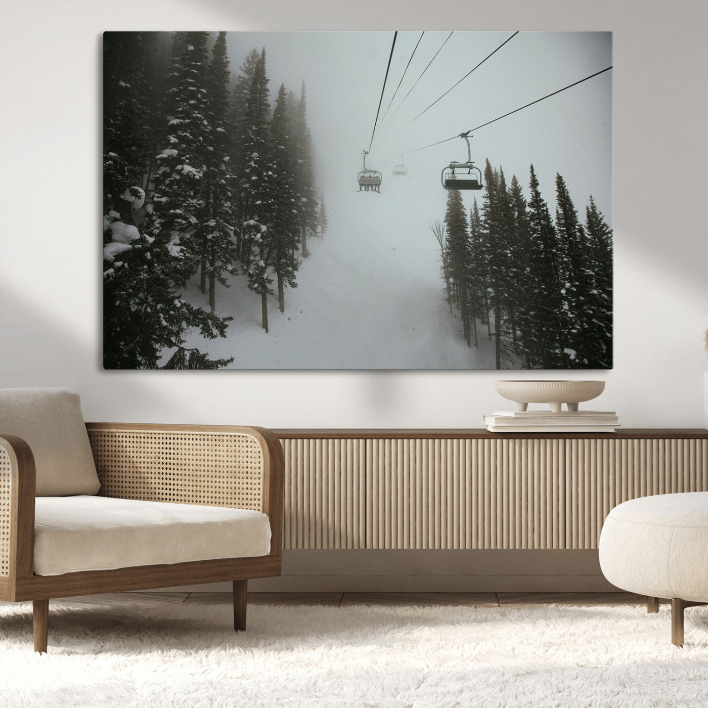 -Ski Lift Wall Art Canvas Print – Snowy Pines Misty Landscape Winter Serenity Artwork for Home, Office Decor