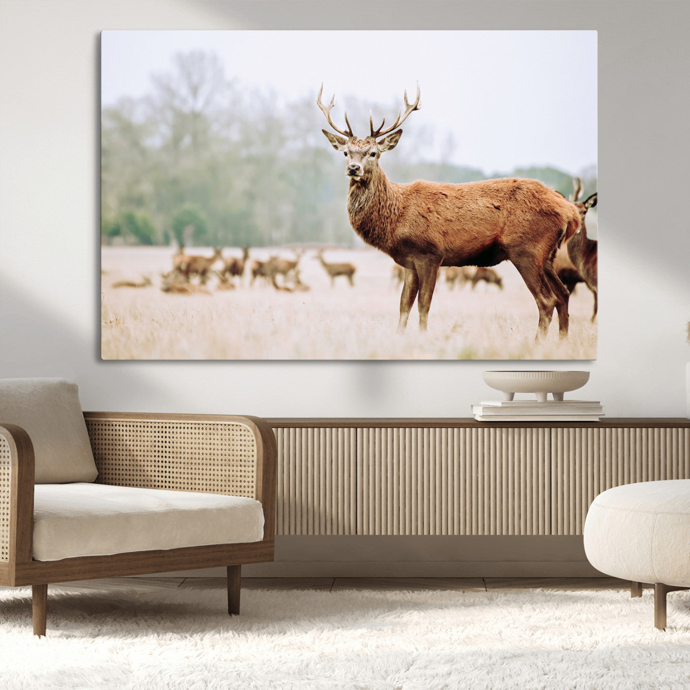 53240224-MGV-CV-36X24-Rustic Deer Wall Art Canvas Print – Forest Woodland Stag Nordic Animal Scenic Nature Artwork for Home, Cabin