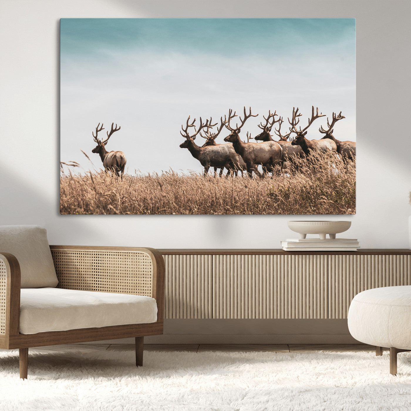 81594705-MGV-CV-36X24-Elk Herd Wall Art Canvas Print – Framed Wildlife Photography Rustic Nature Scene Artwork for Home, Office, Living Room