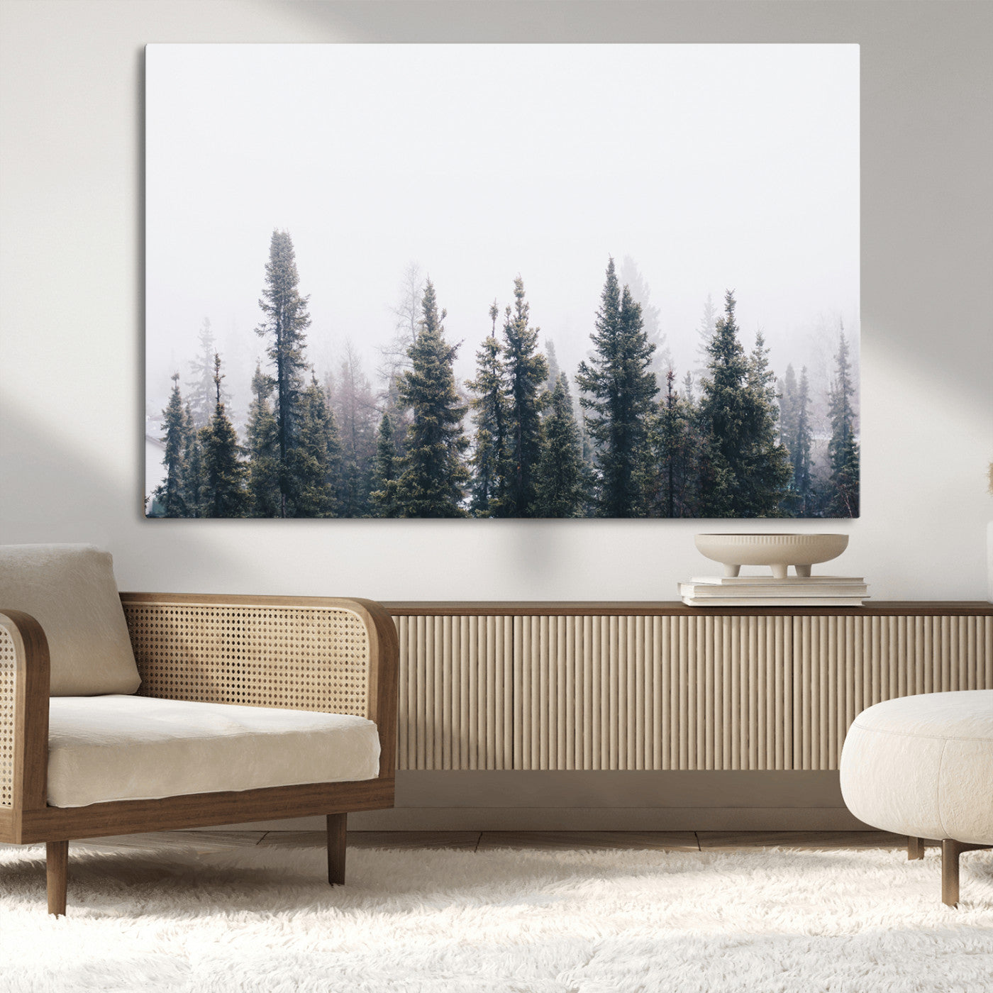 -Foggy Forest Wall Art Canvas Print – Framed Misty Pines Moody Woodland Nature Scene Artwork for Home Office