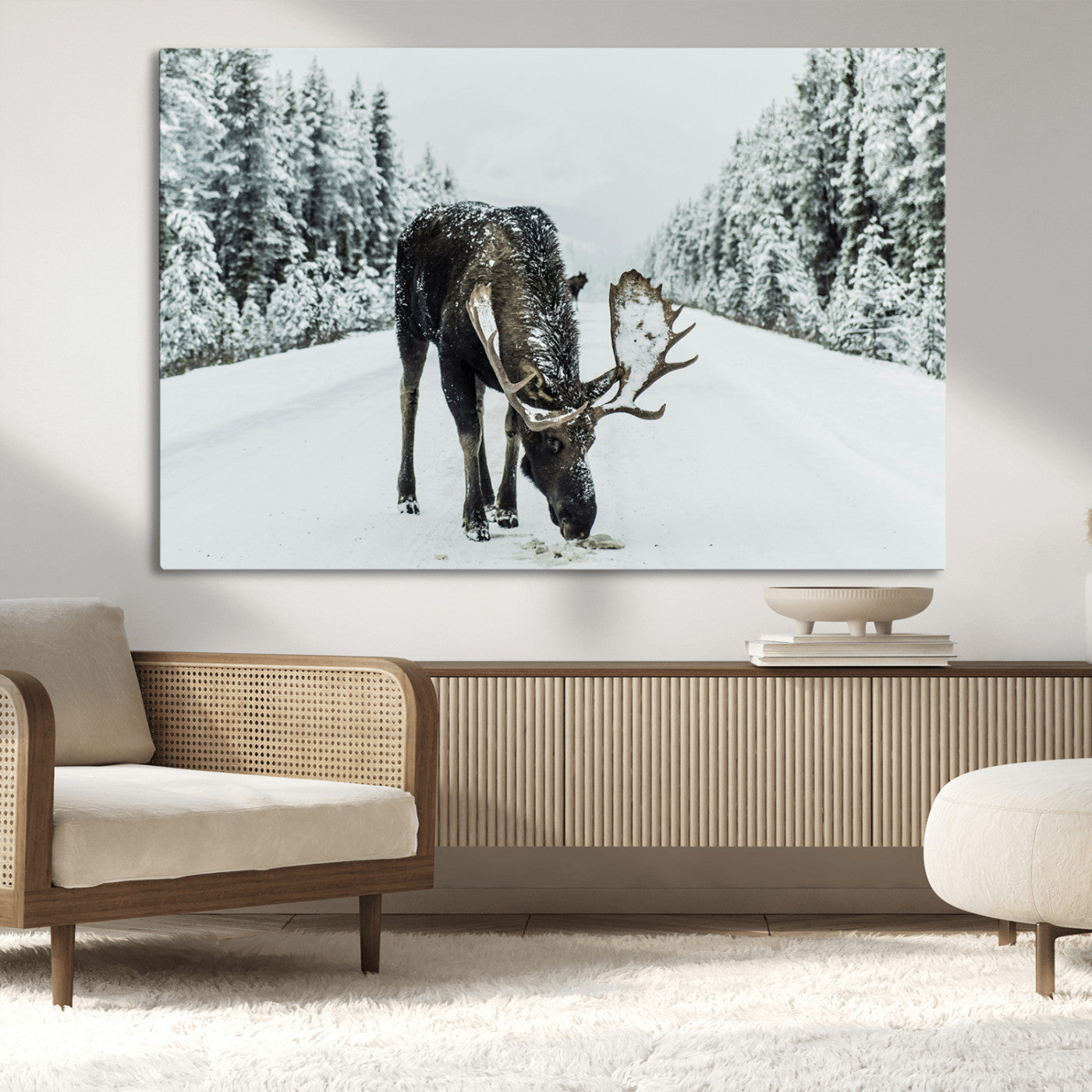 -Moose Snow Wall Art Canvas Print – Framed Winter Wildlife Snowy Forest Nature Scene Artwork for Home, Office, Living Room