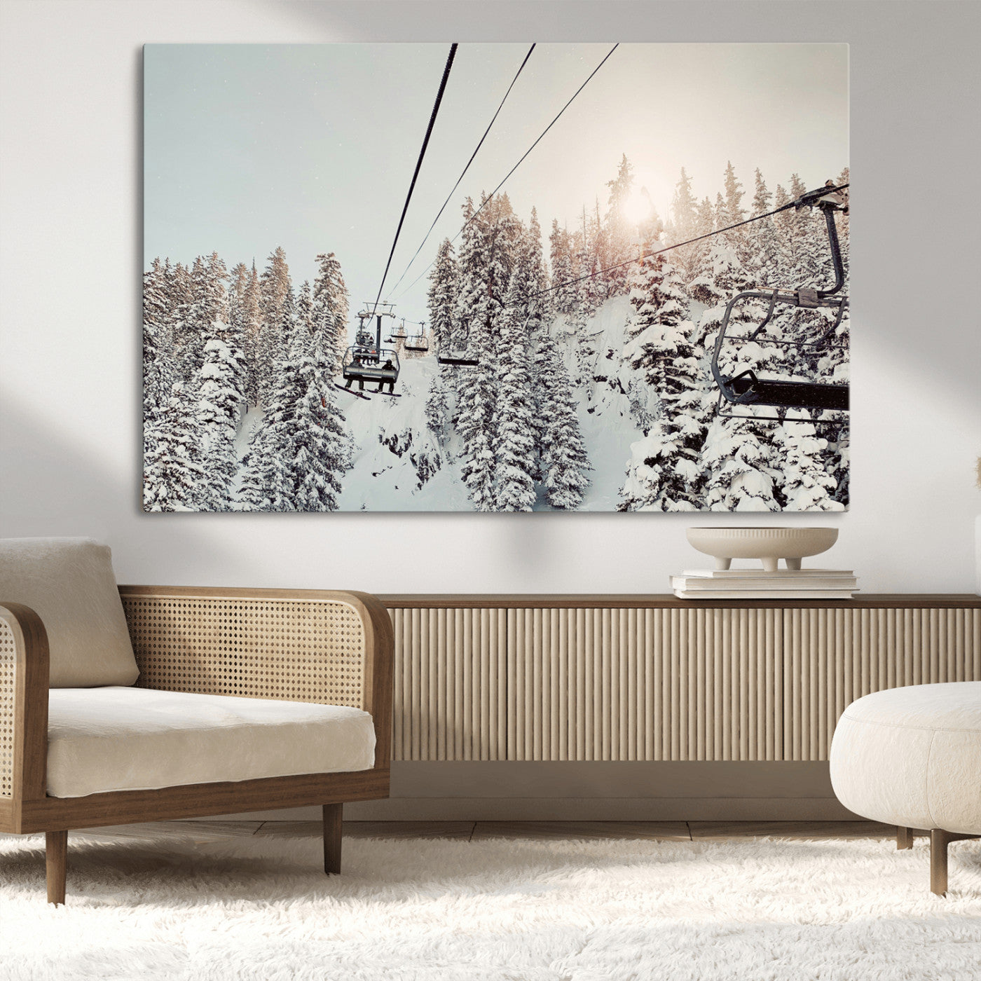 91534512-MGV-CV-36X24-Frosty Pines Wall Art Canvas Print – Framed Cozy Cabin Ski Lift Ride Winter Scene Artwork for Home Office
