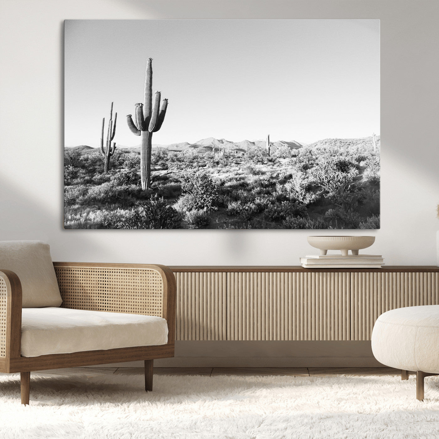 85205054-MGV-CV-36X24-Saguaro Cactus Wall Art Canvas Print – Framed Monochrome Landscape Scenic Arizona Minimalist Western Artwork for Home, Office