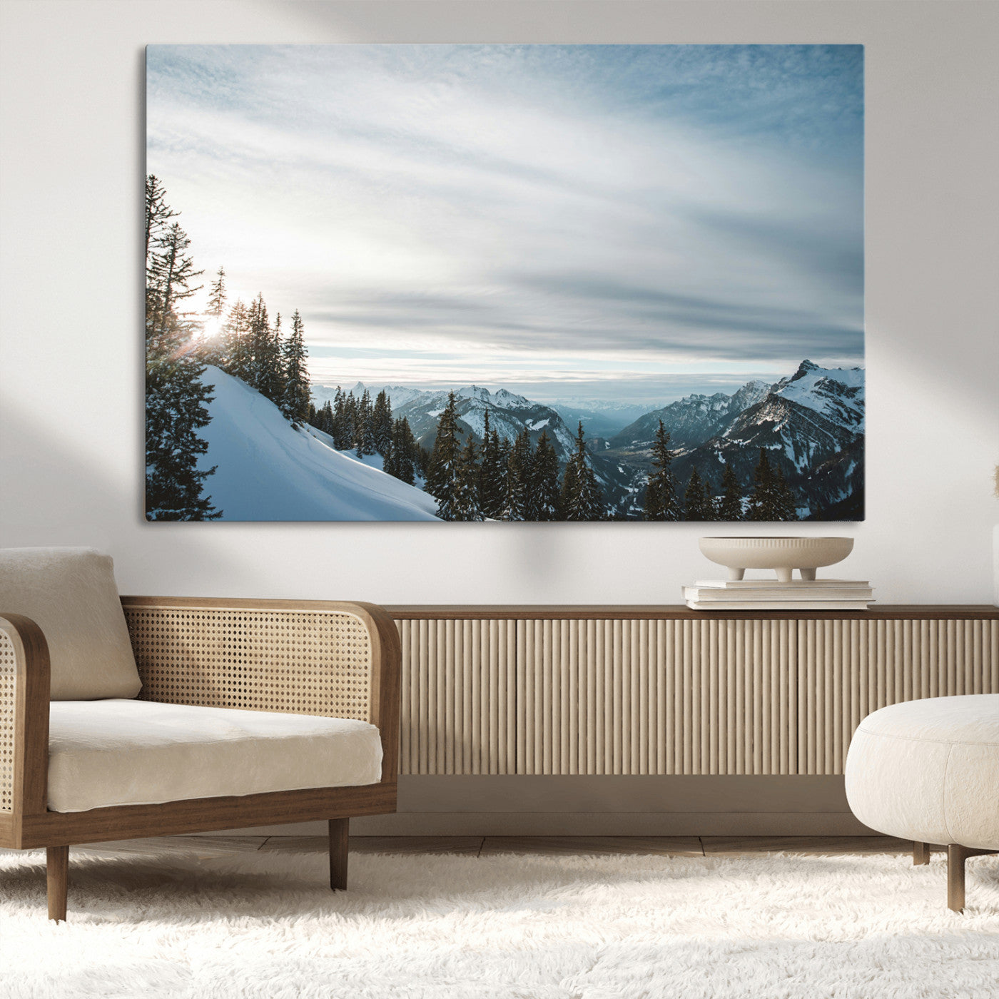 55564749-MGV-CV-36X24-Snowy Mountains Wall Art Canvas Print – Framed Alpine Landscape Frosty Peaks Nordic Minimalist Nature Artwork for Home, Office