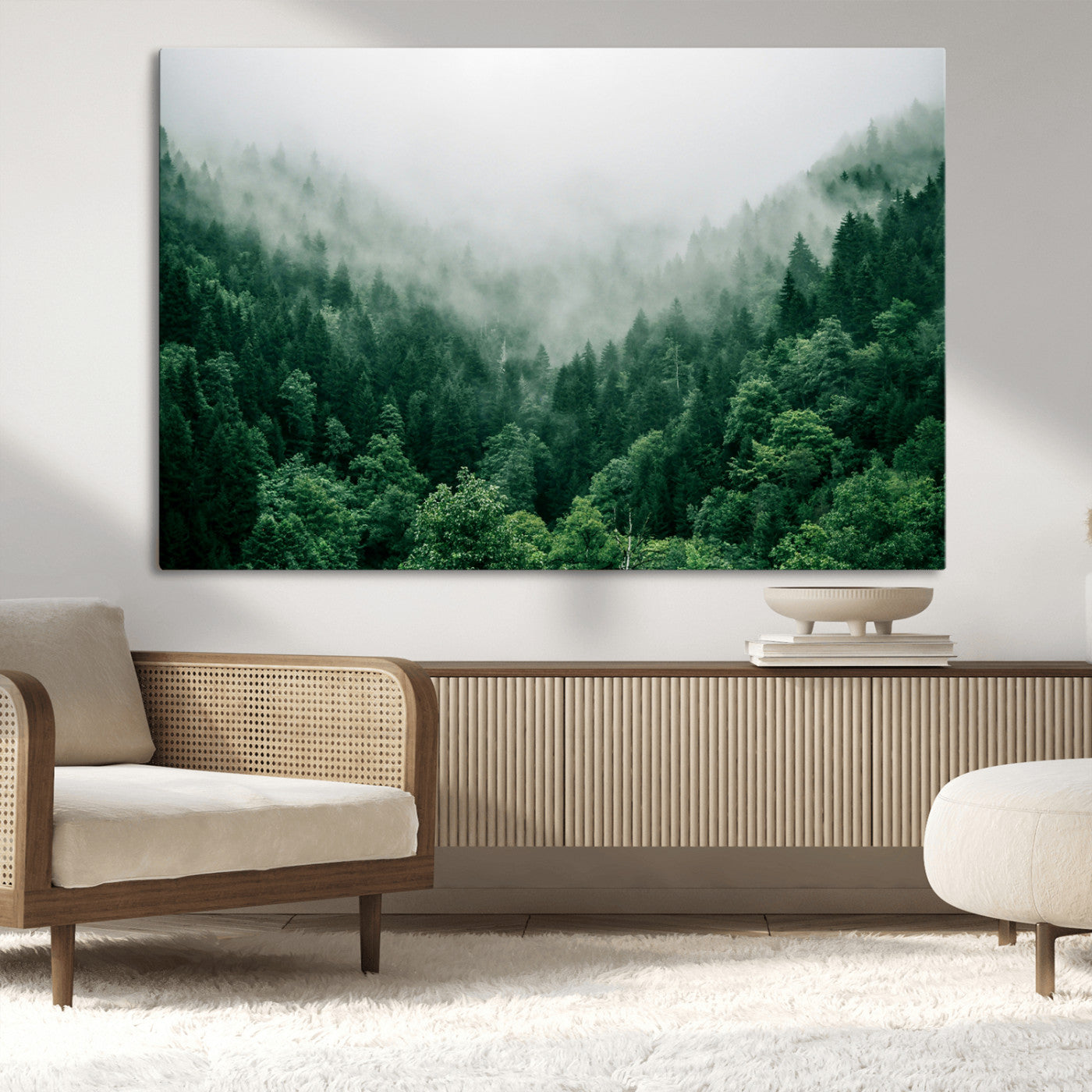 45265379-MGV-CV-36X24-Misty Green Forest Canvas Print – Framed Serene Foggy Pine Landscape Tranquil Nature Wall Art for Home, Office