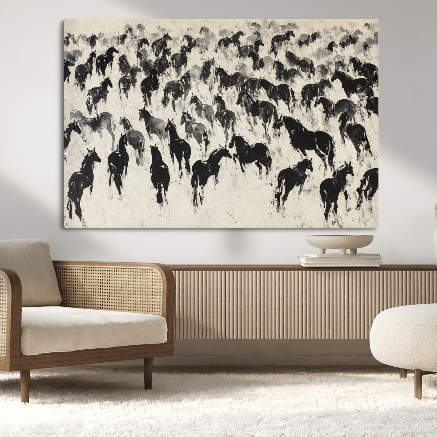 -Wild Horse Stampede Wall Art Canvas Print – Monochrome Running Horses Dynamic Motion Elegant Scene Artwork for Home, Office