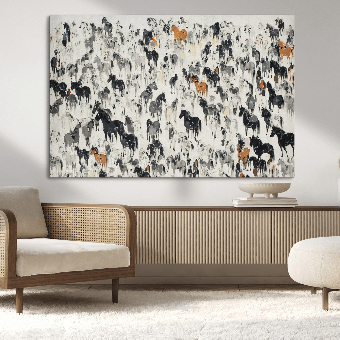 56463722-MGV-CV-36X24-Wild Horse Stampede Wall Art Canvas Print – Monochrome Running Horses Dynamic Motion Elegant Scene Artwork for Home, Office