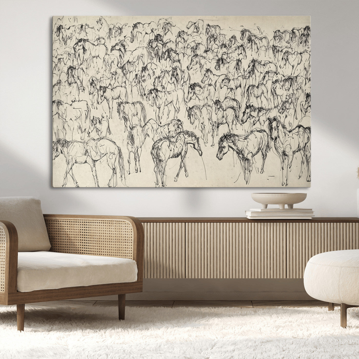 86653927-MGV-CV-36X24-Wild Horse Stampede Wall Art Canvas Print – Monochrome Running Horses Dynamic Motion Elegant Artwork for Home, Office