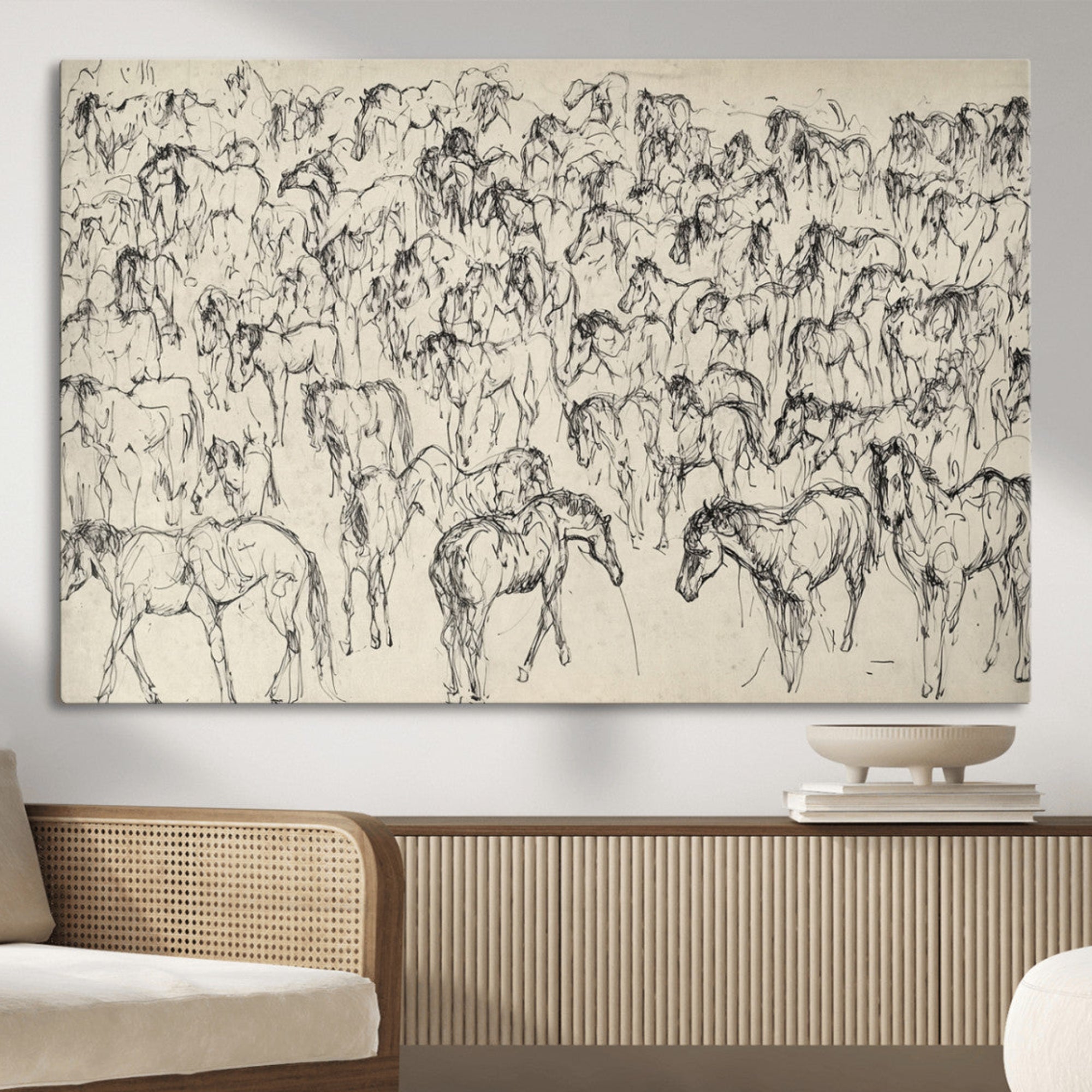 86653927-MGV-CV-36X24-Wild Horse Stampede Wall Art Canvas Print – Monochrome Running Horses Dynamic Motion Elegant Artwork for Home, Office