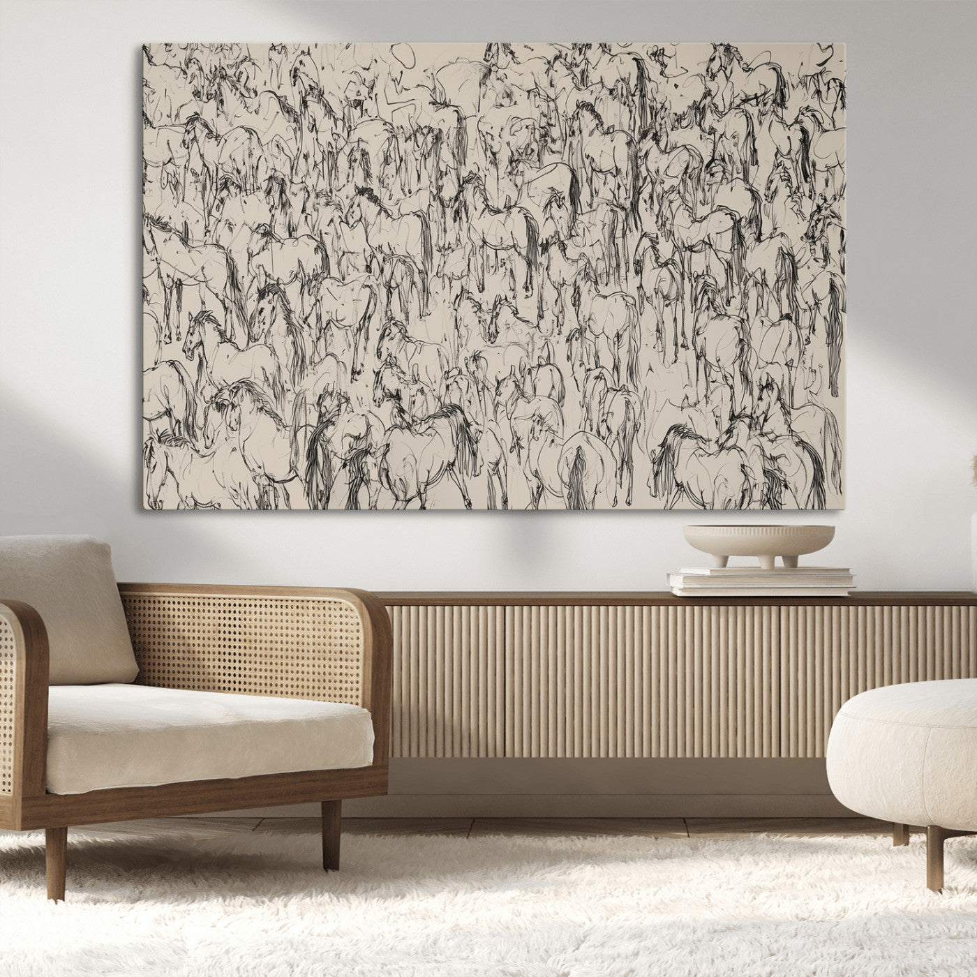 12358908-MGV-CV-36X24-Wild Horse Stampede Wall Art Canvas Print – Monochrome Running Horses Dynamic Motion Elegant Artwork for Home, Office