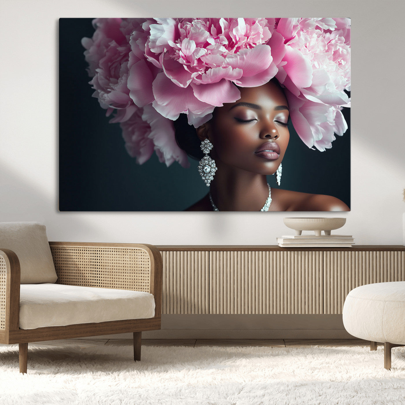 -Black Beauty Petal Crown Wall Art Canvas Print – Floral Petal Headpiece Elegant Design, Petal Inspired Artwork for Home, Office