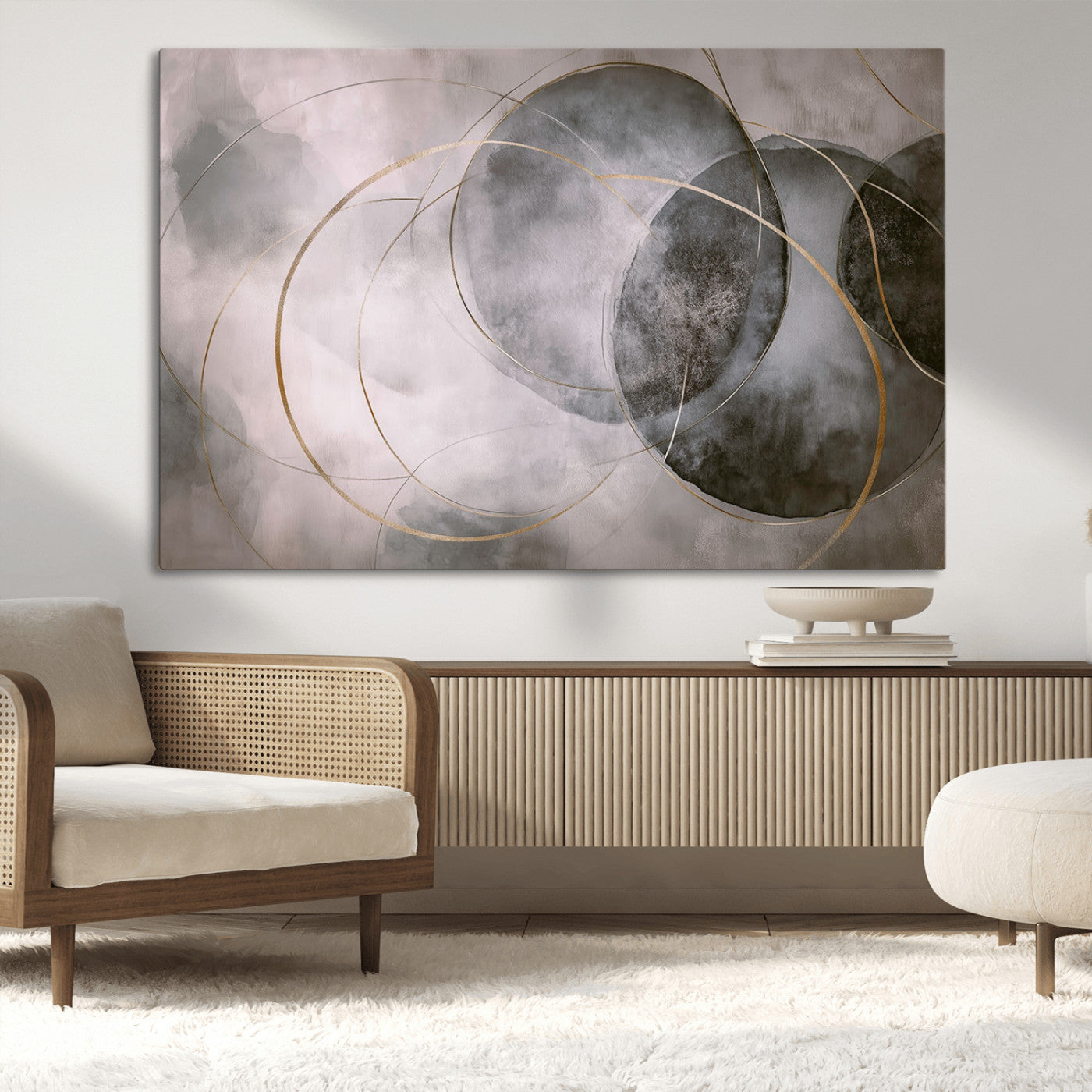 20066876-MGV-CV-36X24-Abstract Grey Gold Circle Wall Art – Modern Geometric Canvas Artwork, Minimal Elegant Design, Luxury Wall Decor for Home, Office
