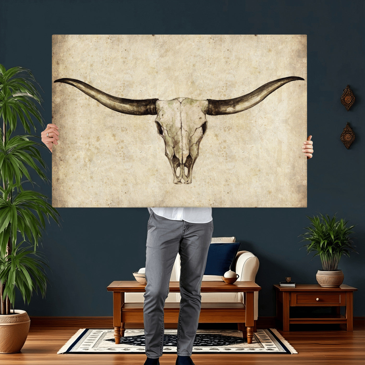 42788678-MGV-CV-36X24 - Longhorn Skull Wall Art Canvas Print – Rustic Western Artwork Print for Living Room Wall Decor