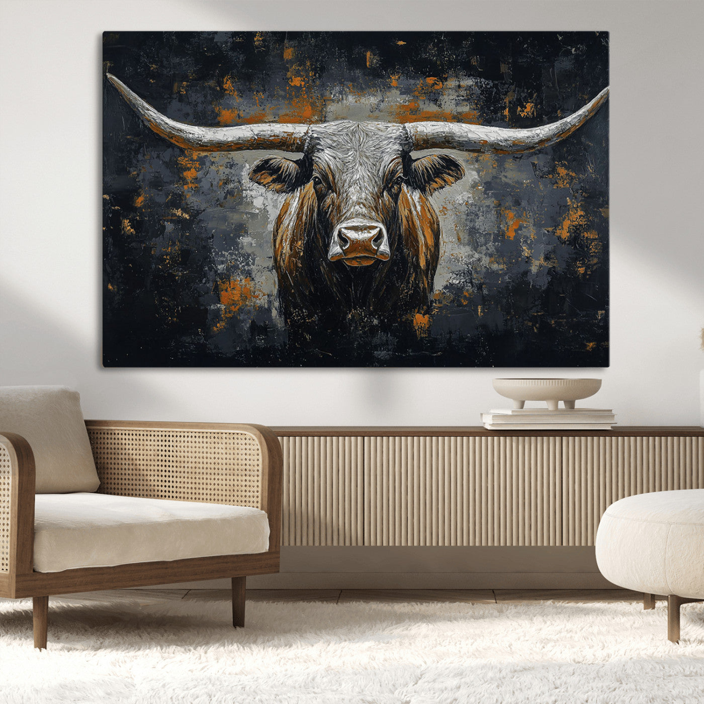 93195031-MGV-CV-36X24-Rustic Longhorn Bull Wall Art Canvas Print – Vintage Western Cattle Scene, Texas Steer Artwork for Home, Office