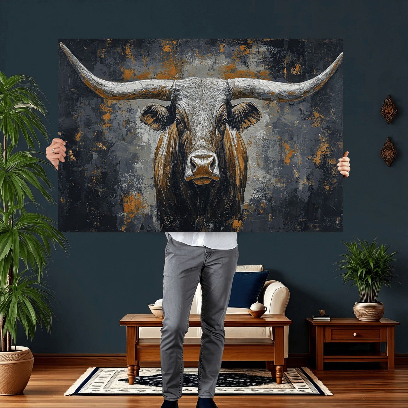 73972561-MGV-CV-36X24 - Bold Bull Wall Art Canvas – Striking Portrait with Wide Horns and Rich Brown Hues, Rustic Farmhouse and Western Decor for Home Room