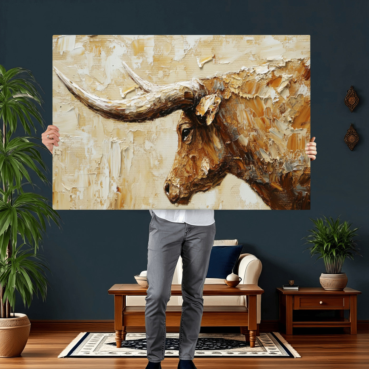 69611428-MGV-CV-36X24 - Rustic Longhorn Bull Wall Art Canvas Print – Vintage Western Cattle Painting, Texas Abstract Wall Cow Prints