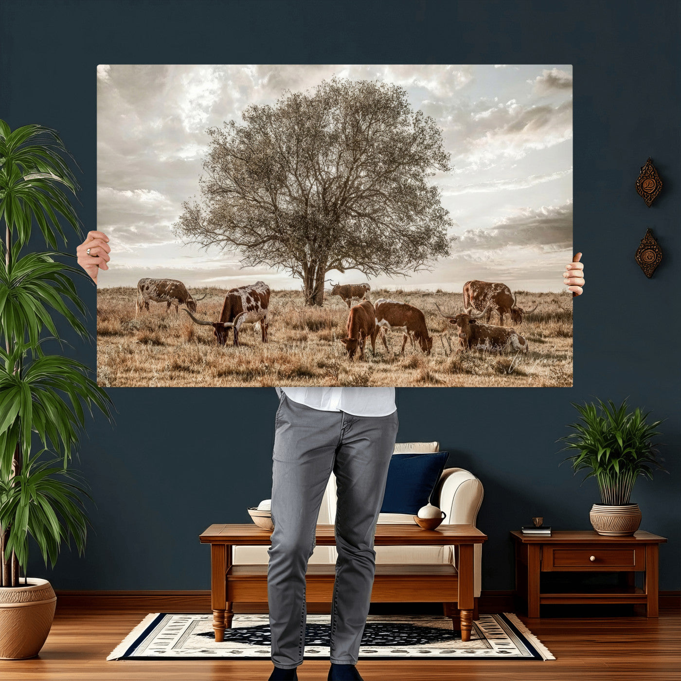 87590224-MGV-CV-36X24 - Texas Longhorn Cattle Wall Art Canvas Print – Rustic Western Ranch Scene with Steers at Sunset, Perfect for Farmhouse or Cowboy Decor