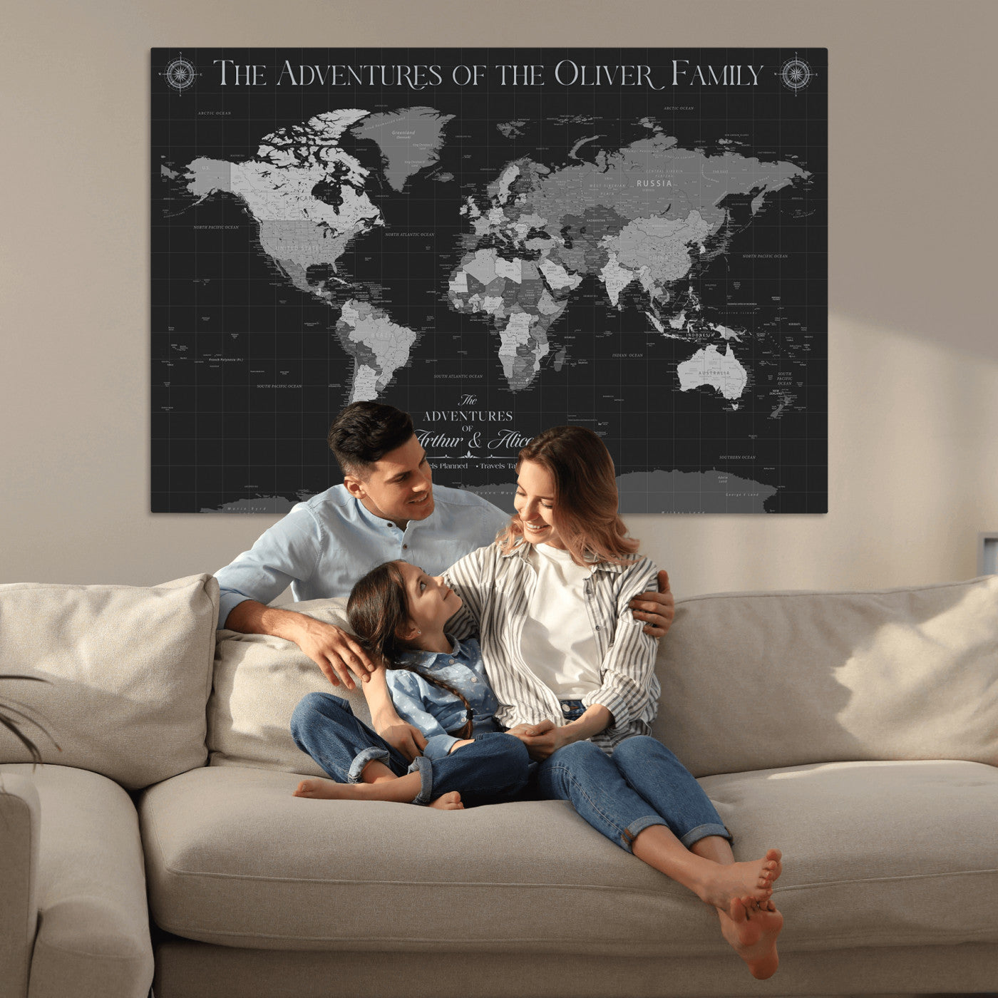 -Personalized Family World Map Canvas – Custom Framed Push Pin Travel Tracker, Modern Adventure Wall Art for Home, Office