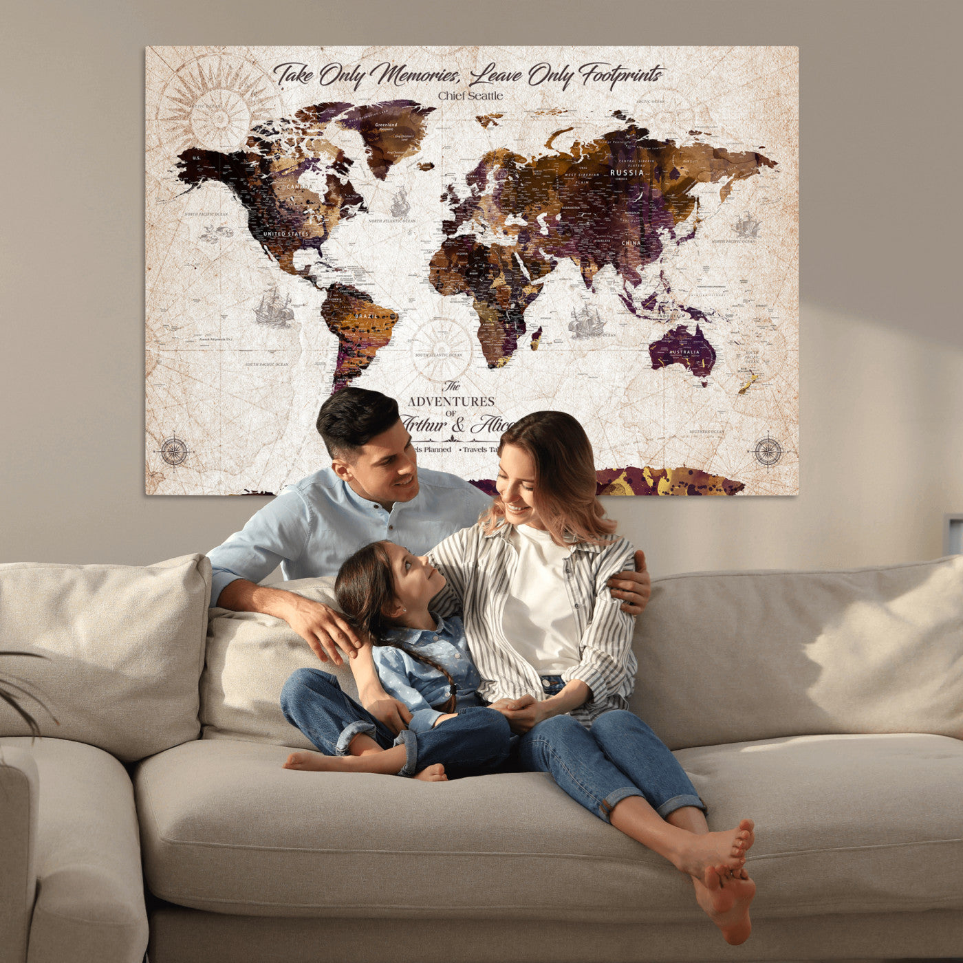 -Personalized World Map Canvas – Custom Framed Push Pin Travel Tracker, Elegant Wall Art Gift for Couples for Home, Office