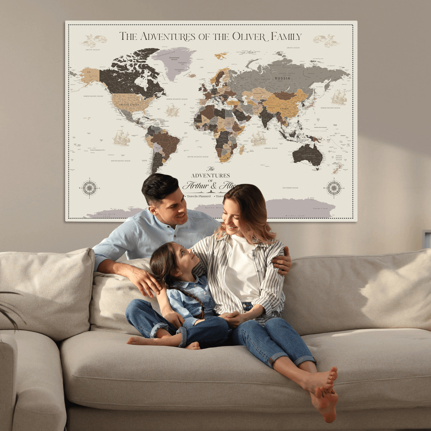 -Personalized Family Adventure World Map Canvas – Custom Framed Push Pin Travel Tracker, Wall Art Gift for Home, Office