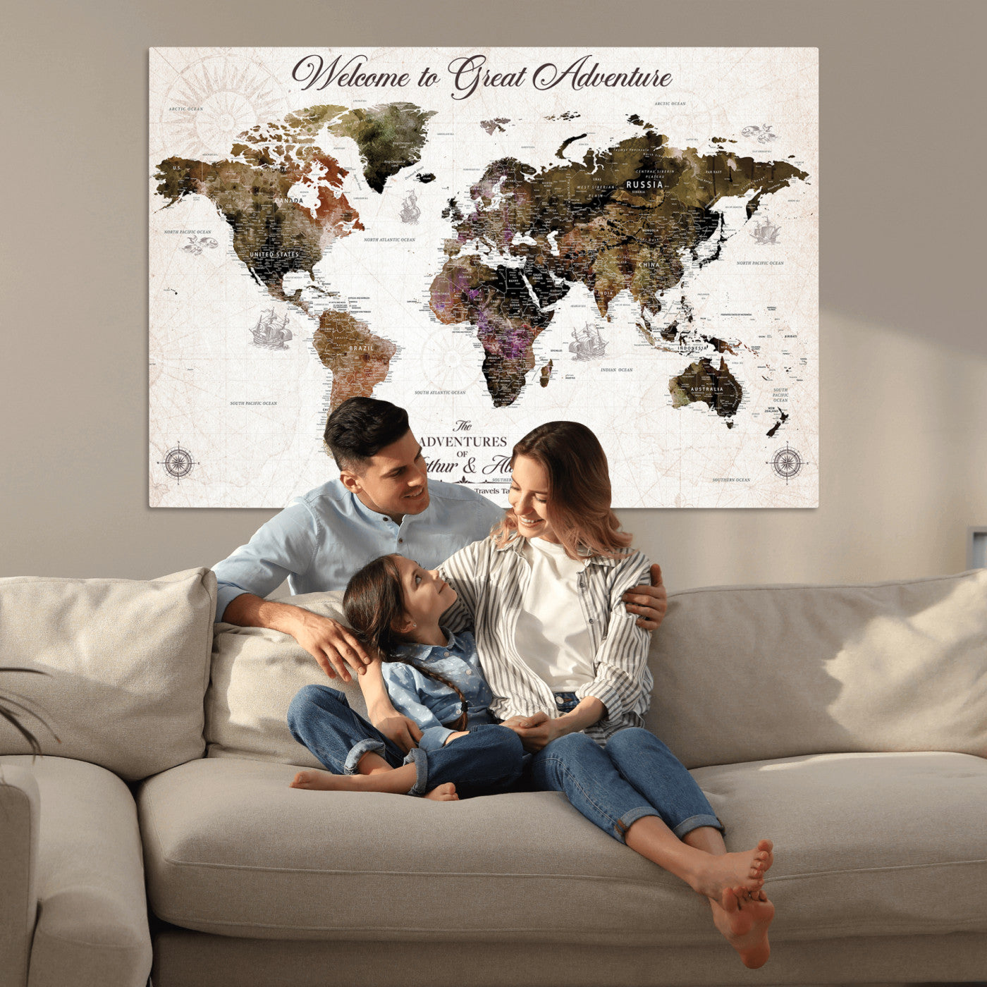 -Personalized World Map Canvas Custom Framed Push Pin Travel Tracker Vintage Adventure Wall Art Gift Couples Travelers Home, Office