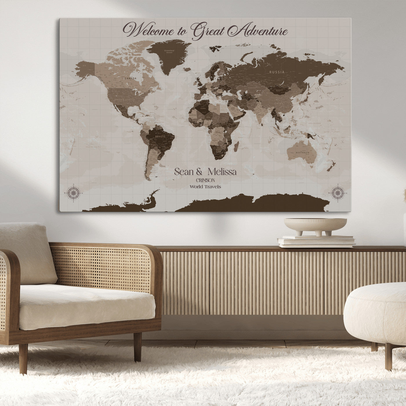 Rehber01-MGV-CV-36X24-Custom Push Pin World Map Wall Art Canvas Print – Personalized Travel Tracker with Pins Framed Large for home, office