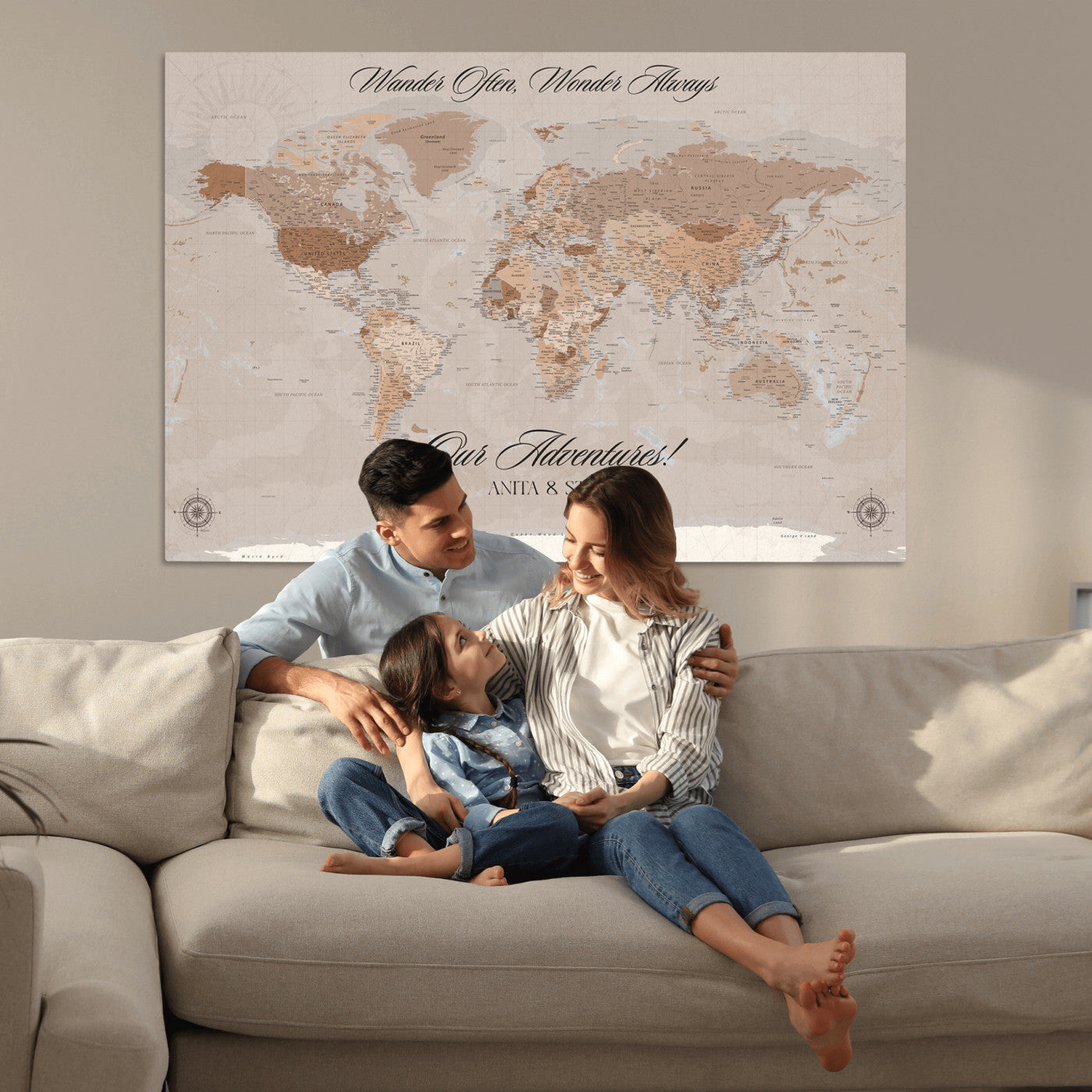 -Personalized World Map Canvas Custom Framed Push Pin Travel Tracker Elegant Neutral Wall Art Gift Couples Travelers for Home, Office