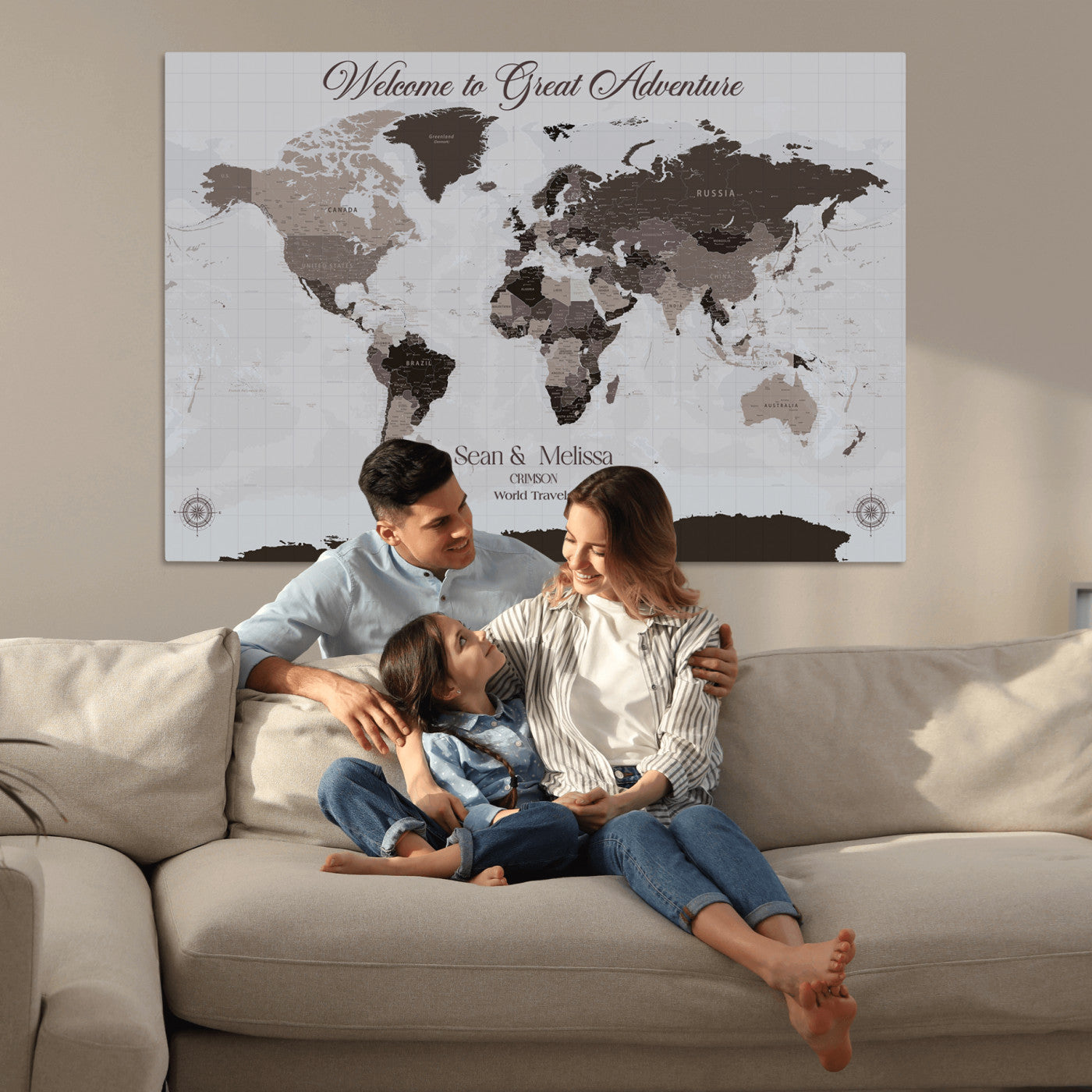 -Personalized Gray Brown World Map Canvas Custom Framed Push Pin Travel Tracker Modern Neutral Wall Art Gift Couples for Home, Office