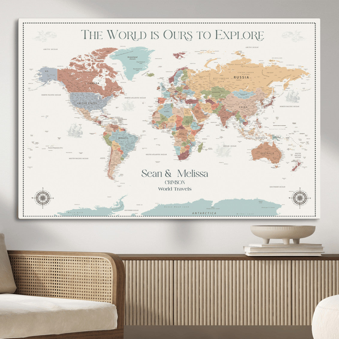 Rehber01-MGV-CV-36X24-Custom Push Pin World Map Wall Art Canvas Print – Personalized Travel Tracker with Pins Framed Large for home, office