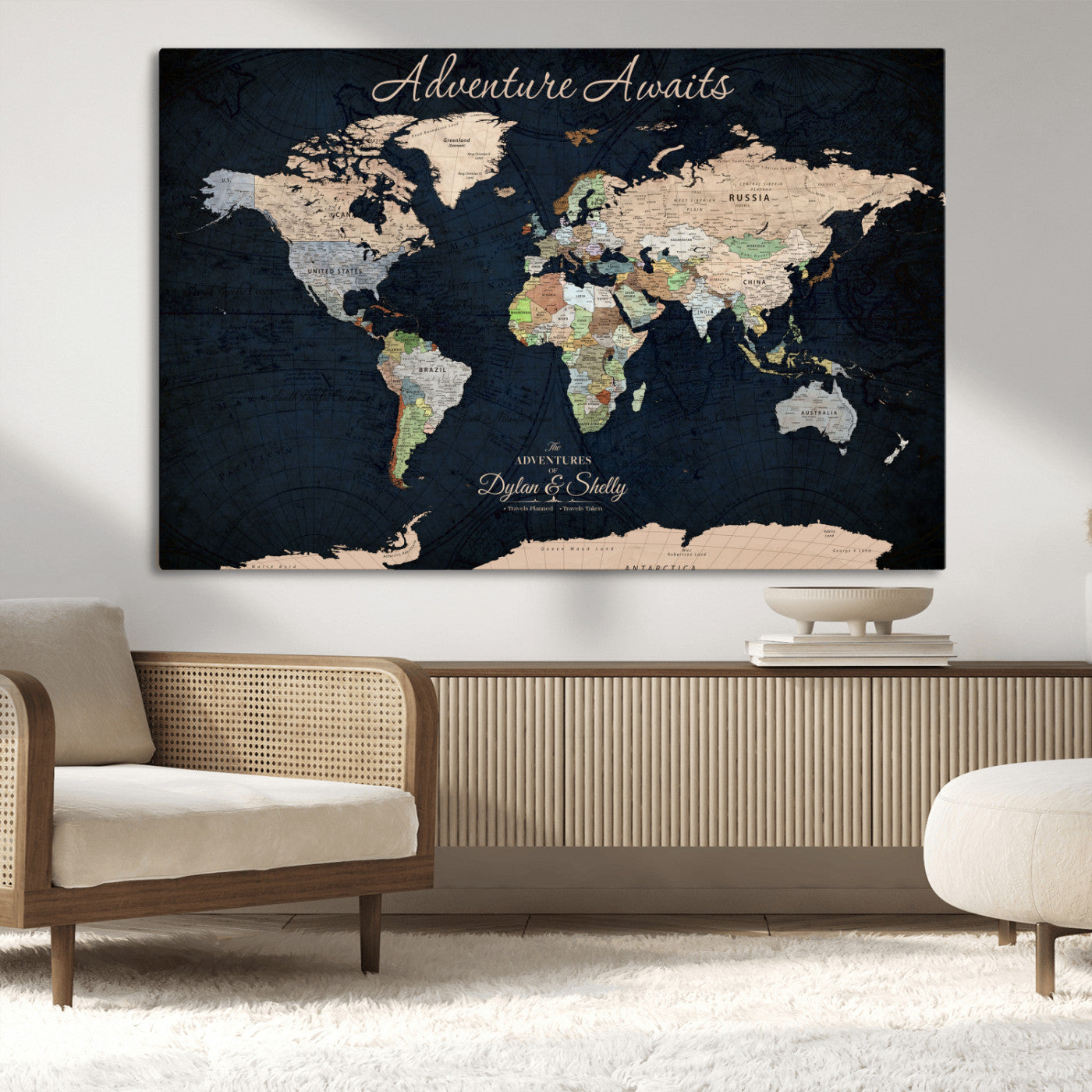 Rehber01-MGV-CV-36X24-Personalized World Map Canvas Print – Framed Push Pin Travel Wall Art for Couples – Adventure & Anniversary Gift