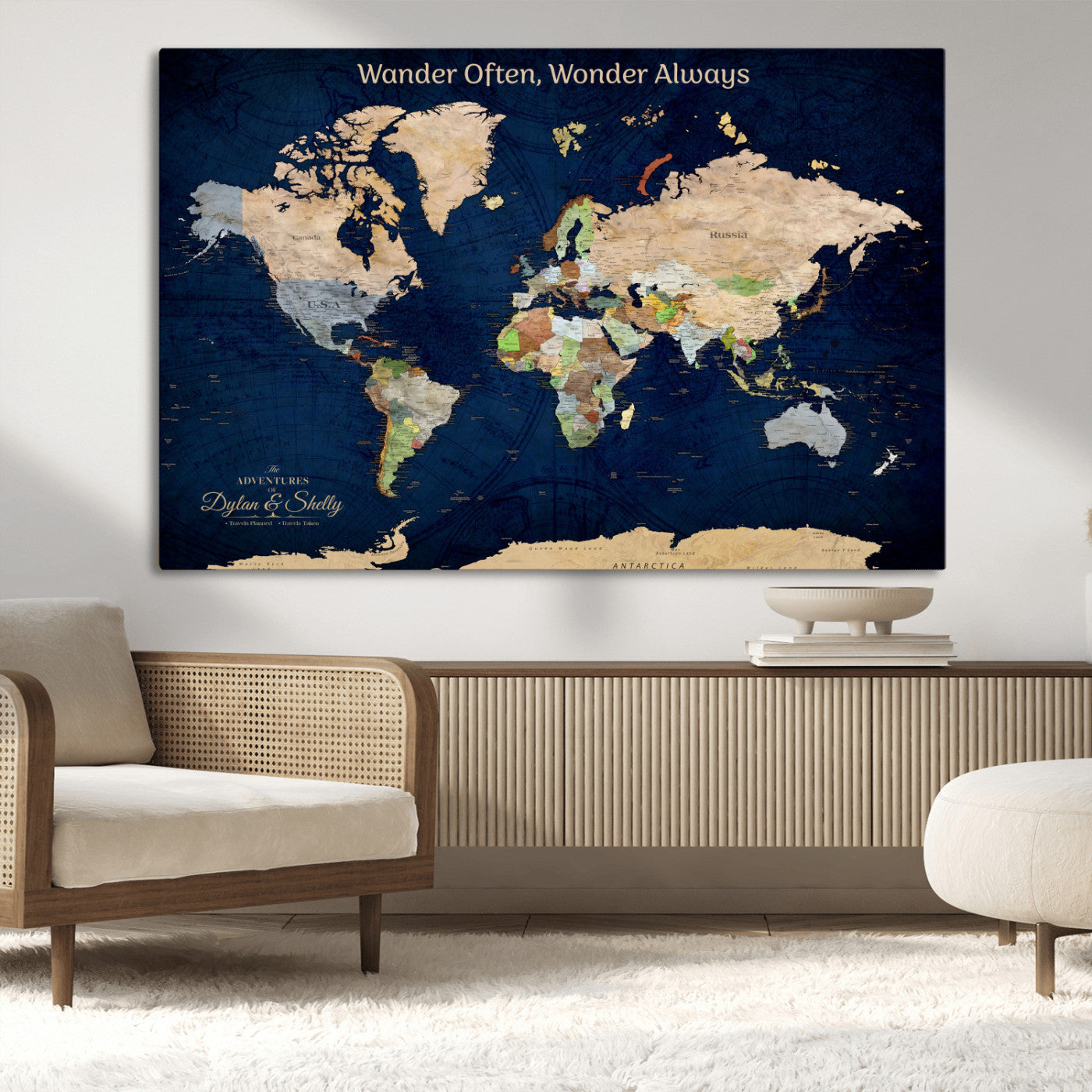 Rehber01-MGV-CV-36X24-Personalized World Map Canvas – Custom Framed Push Pin Travel Map Wall Art, Navy Blue Vintage Gift for Couples and Adventurers