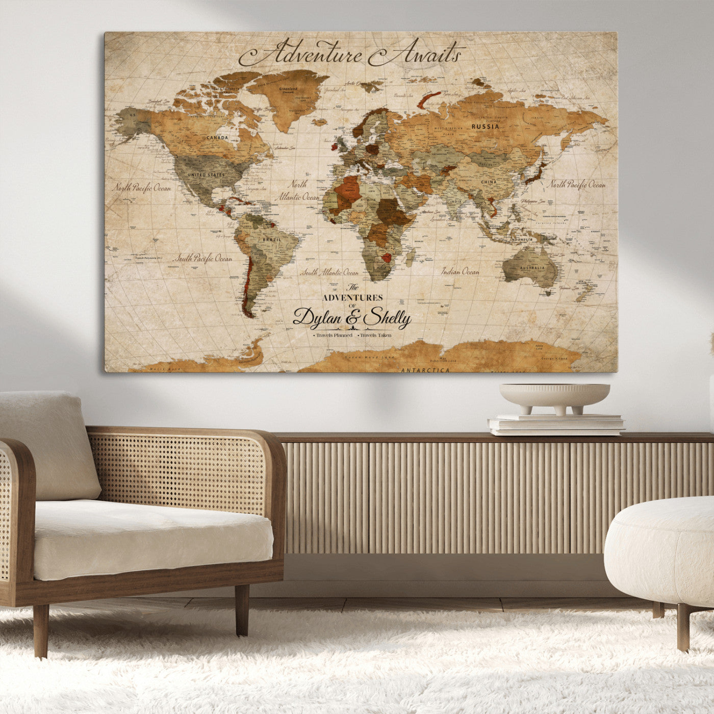 -Personalized Push Pin World Map Canvas Print – Custom Adventure Travel Map, Framed Wall Art Gift for Couples or Family