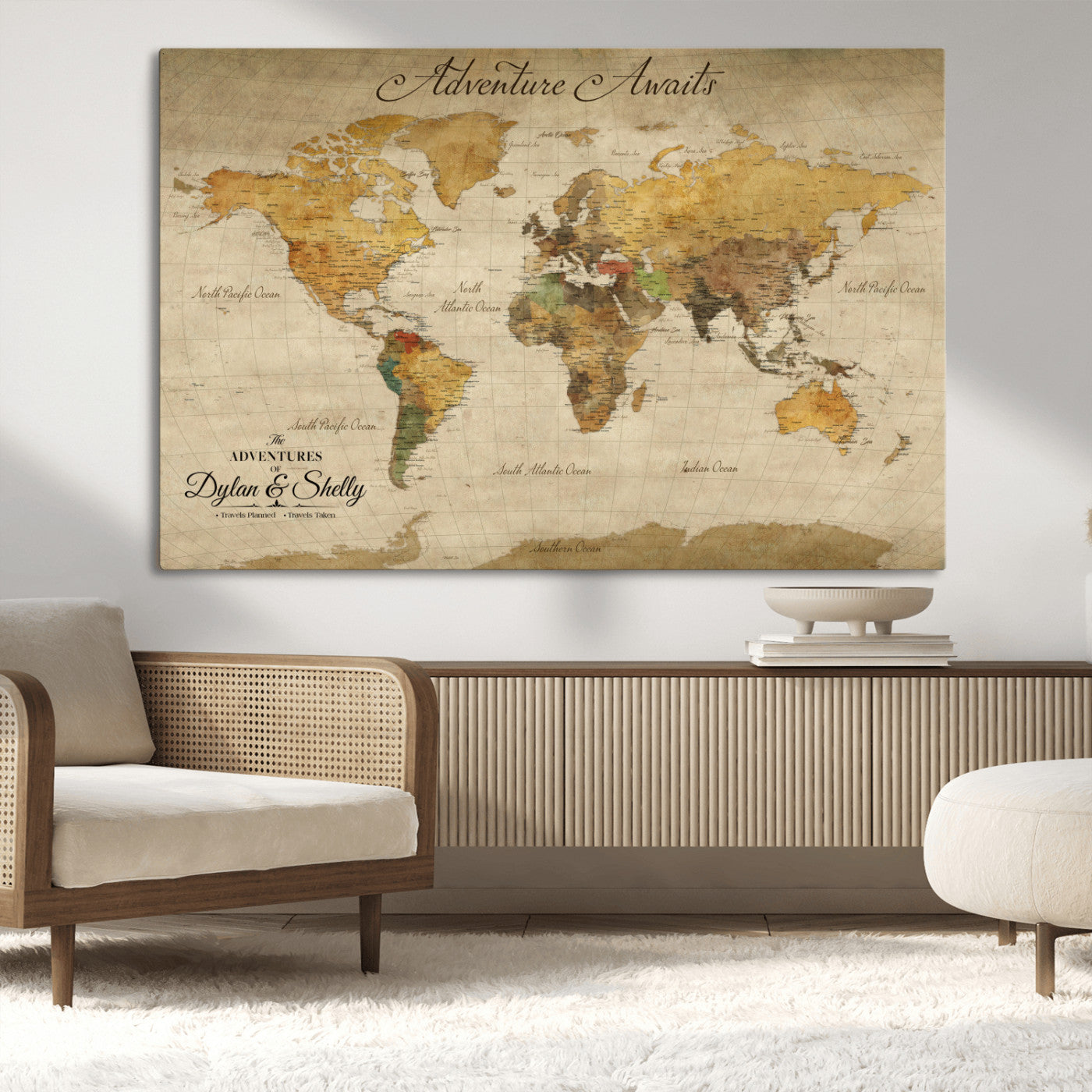 50298017-MGV-CV-36X24-Personalized World Map Canvas – Custom Framed Push Pin Travel Map Wall Art, Vintage Style Gift for Couples and Travelers
