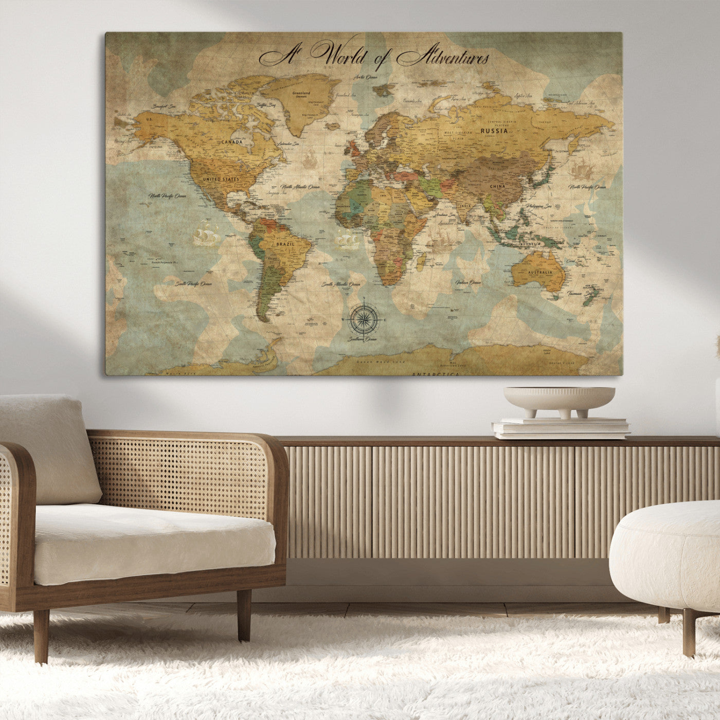 Rehber01-MGV-CV-36X24-Personalized World Map Canvas – Custom Framed Push Pin Travel Map Wall Art, Vintage Style Gift for Couples or Families