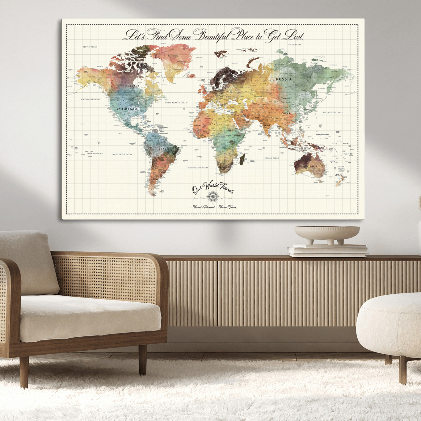-Personalized Push Pin World Map Canvas Print – Custom Adventure Travel Tracker Map, Framed Wall Art Gift for Couples or Family